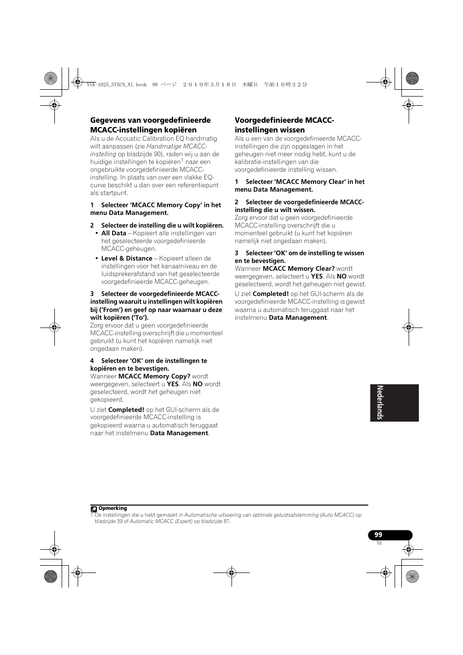 2 selecteer de instelling die u wilt kopiëren, Voorgedefinieerde mcacc- instellingen wissen, Voorgedefinieerde mcacc-instellingen wissen | Pioneer VSX-1020-K User Manual | Page 363 / 532