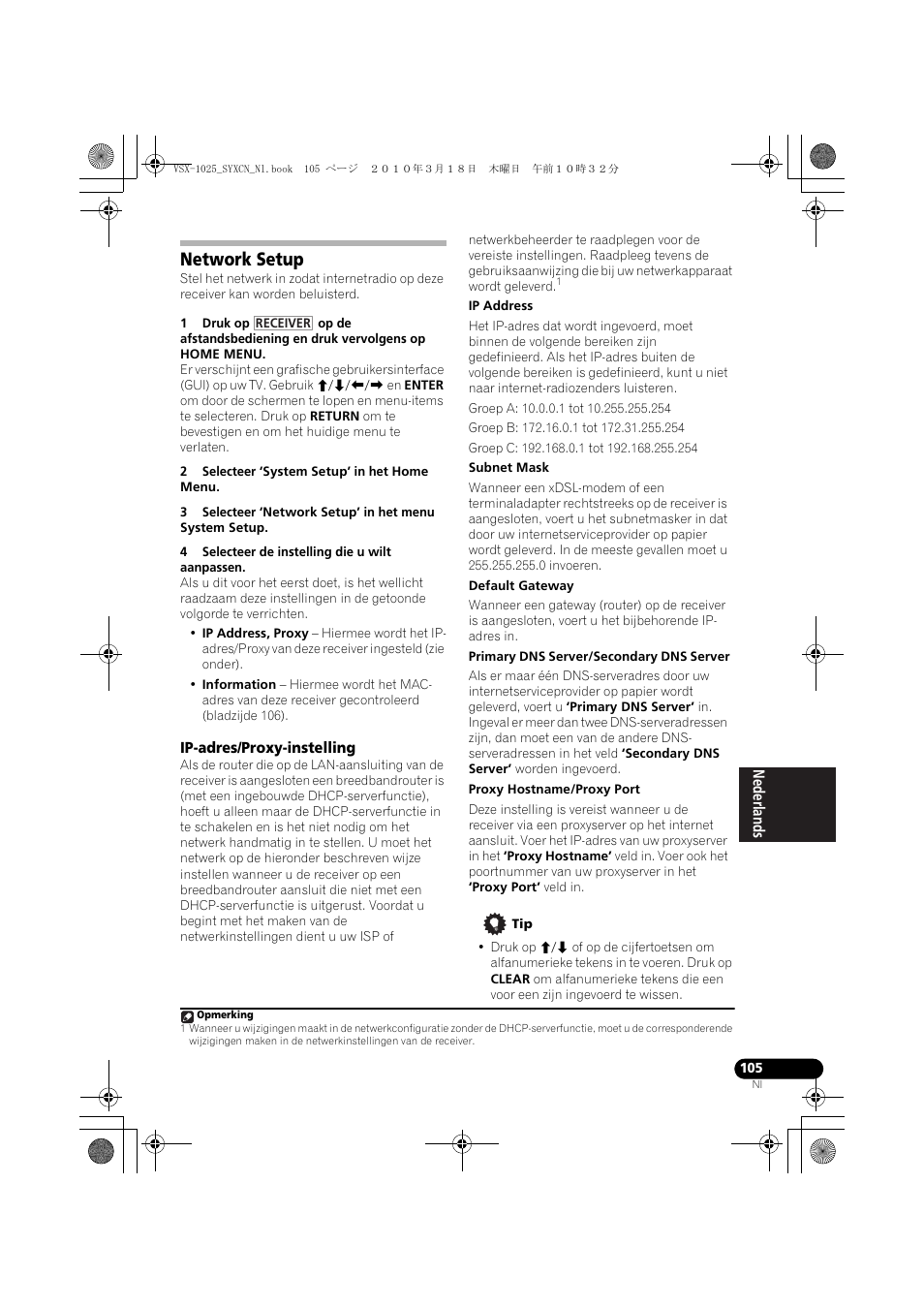Network setup, 2 selecteer ‘system setup’ in het home menu, 4 selecteer de instelling die u wilt aanpassen | Ip-adres/proxy-instelling | Pioneer VSX-1020-K User Manual | Page 369 / 532