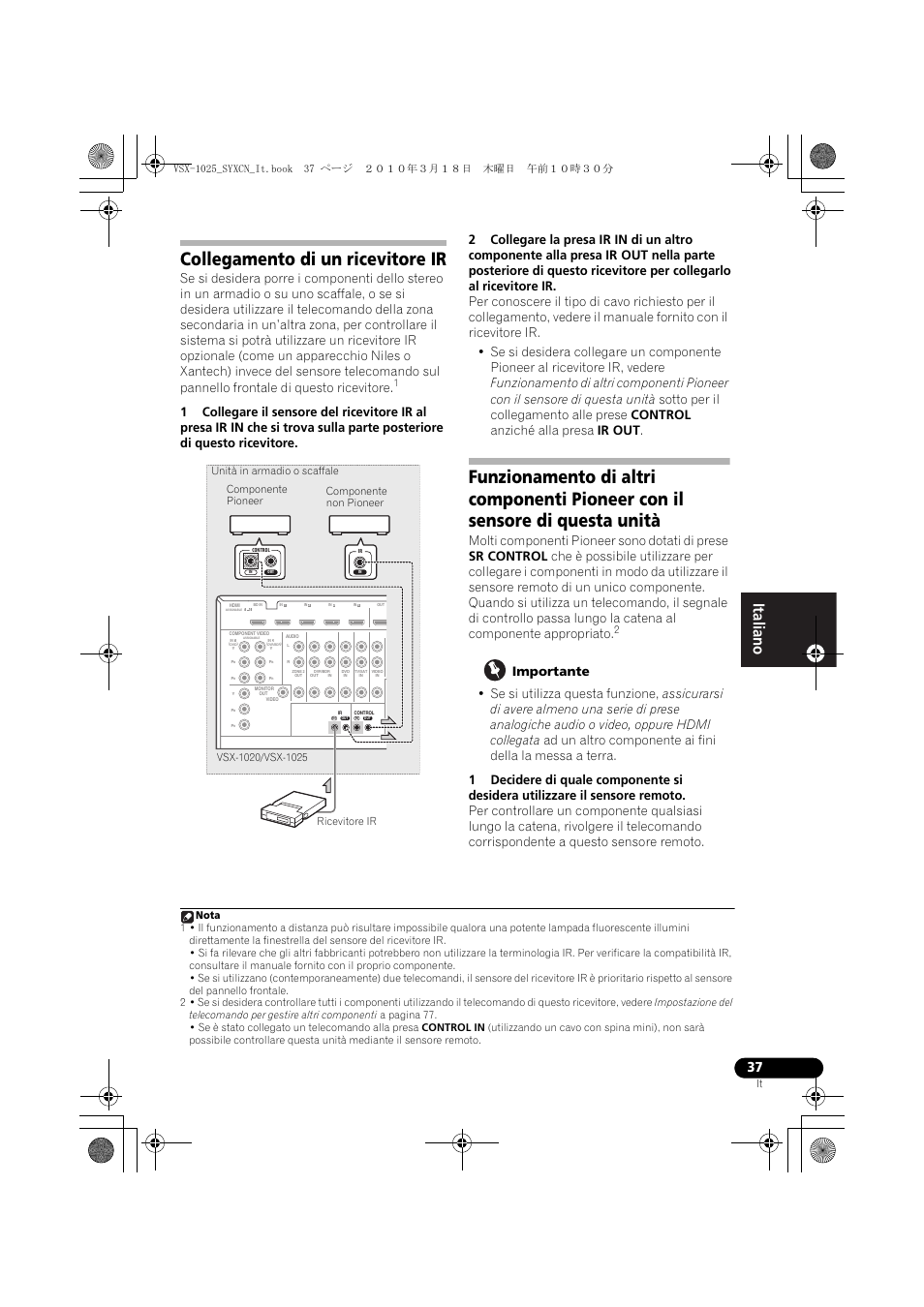 Collegamento di un ricevitore ir, Importante | Pioneer VSX-1020-K User Manual | Page 37 / 532