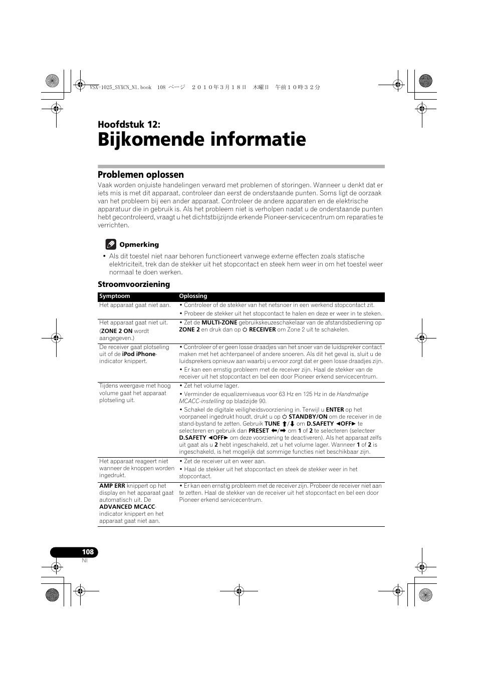 Bijkomende informatie, Problemen oplossen, Opmerking | Stroomvoorziening, 12 bijkomende informatie, Hoofdstuk 12 | Pioneer VSX-1020-K User Manual | Page 372 / 532
