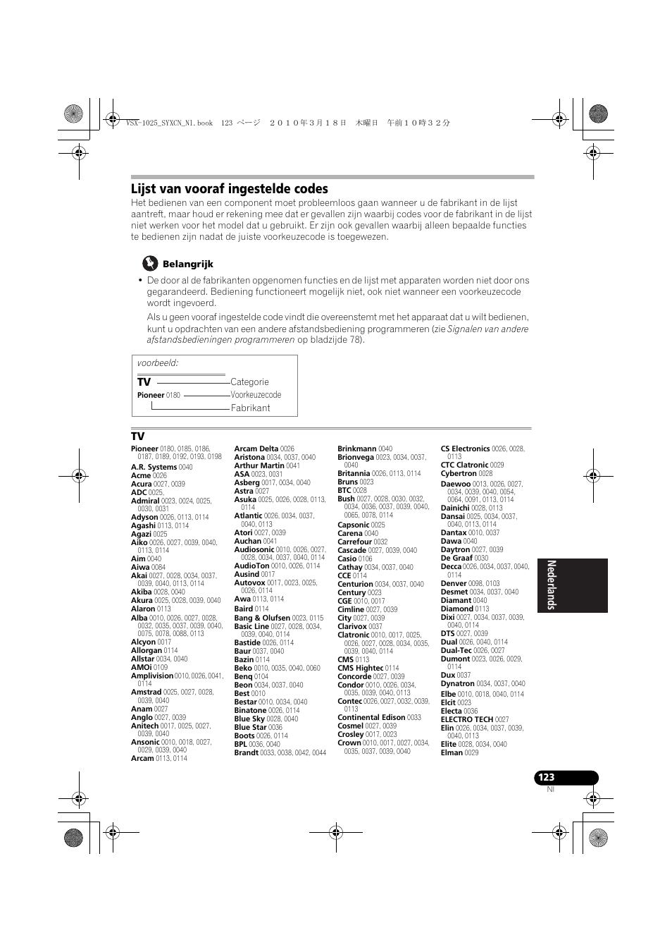 Lijst van vooraf ingestelde codes, Belangrijk | Pioneer VSX-1020-K User Manual | Page 387 / 532