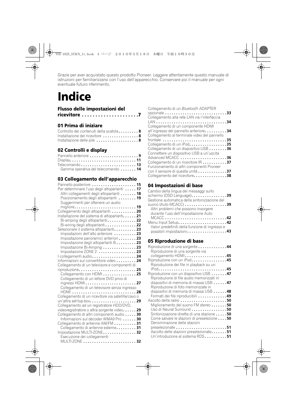 Indice, Sintoamplificatore audio/video multicanale, Istruzioni per l’uso | bedien | Pioneer VSX-1020-K User Manual | Page 4 / 532
