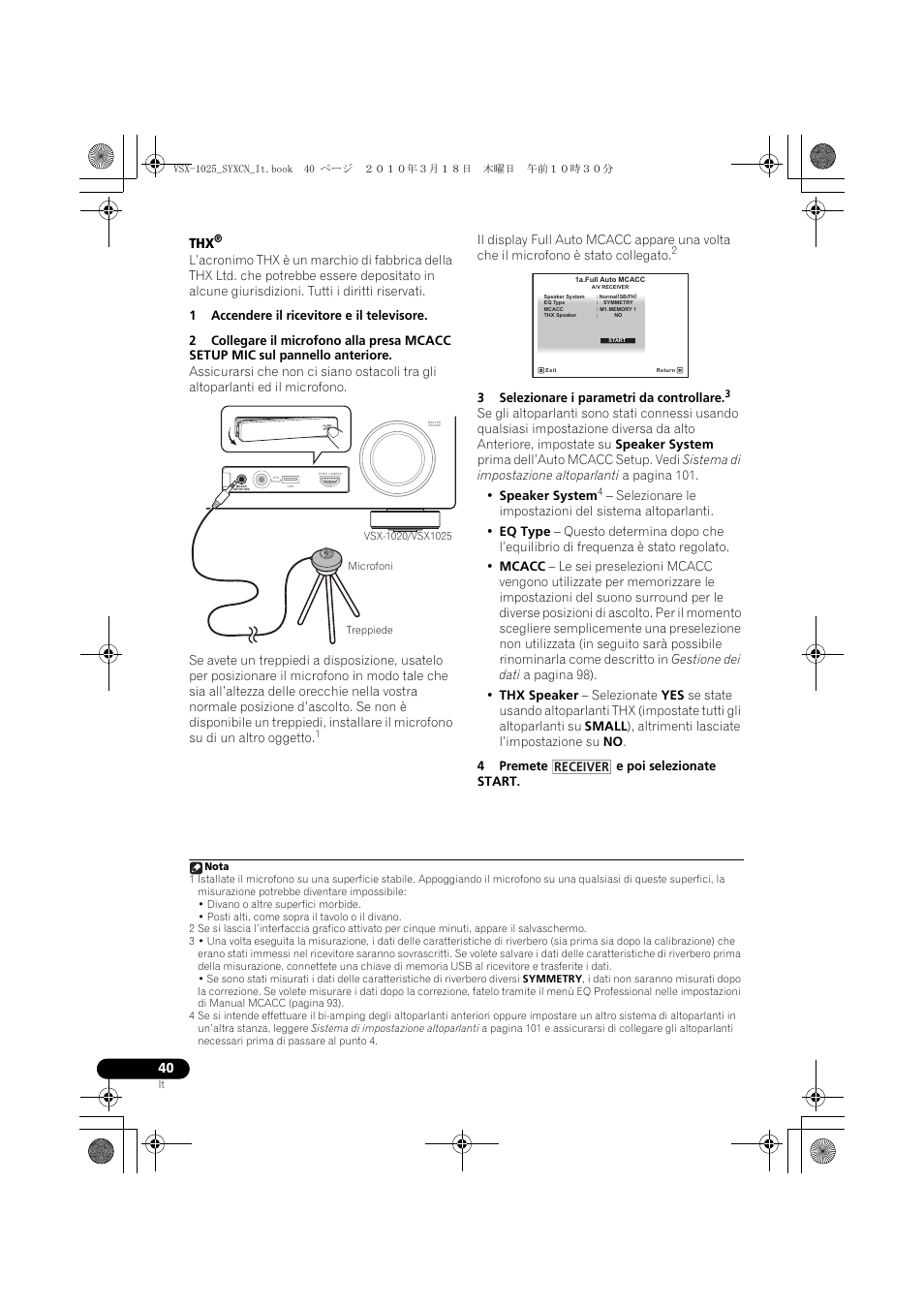 1 accendere il ricevitore e il televisore, 3 selezionare i parametri da controllare, 4 premete e poi selezionate start | Pioneer VSX-1020-K User Manual | Page 40 / 532