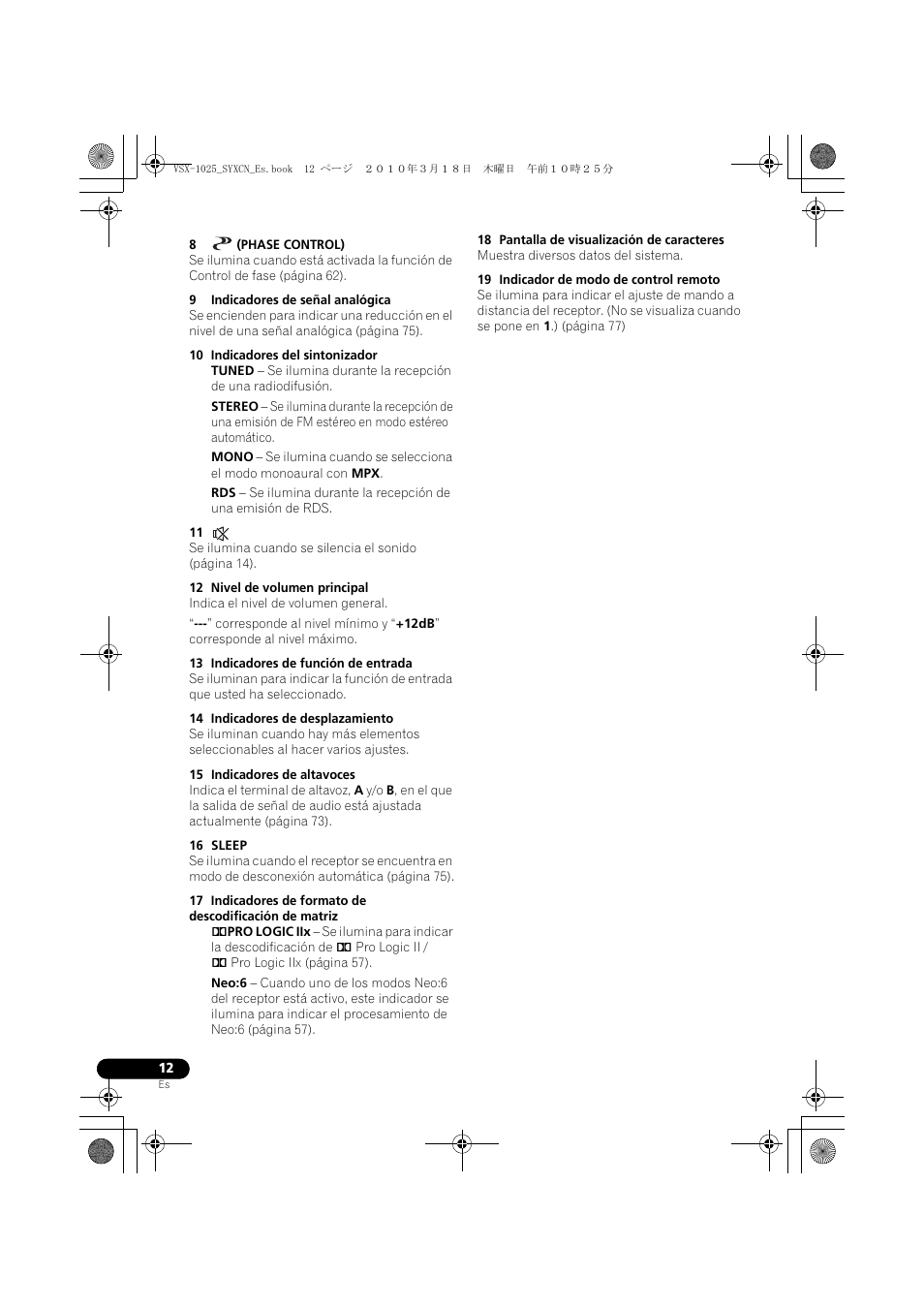 8 (phase control), 9 indicadores de señal analógica, 10 indicadores del sintonizador | 12 nivel de volumen principal, 13 indicadores de función de entrada, 14 indicadores de desplazamiento, 15 indicadores de altavoces, 16 sleep, 18 pantalla de visualización de caracteres, 19 indicador de modo de control remoto | Pioneer VSX-1020-K User Manual | Page 408 / 532