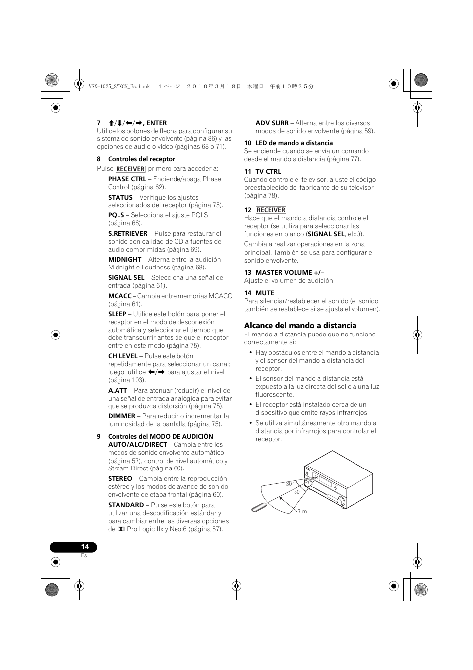 7 i/j/k/l, enter, 8 controles del receptor, 9 controles del modo de audición | 10 led de mando a distancia, 11 tv ctrl, 13 master volume, 14 mute, Alcance del mando a distancia | Pioneer VSX-1020-K User Manual | Page 410 / 532