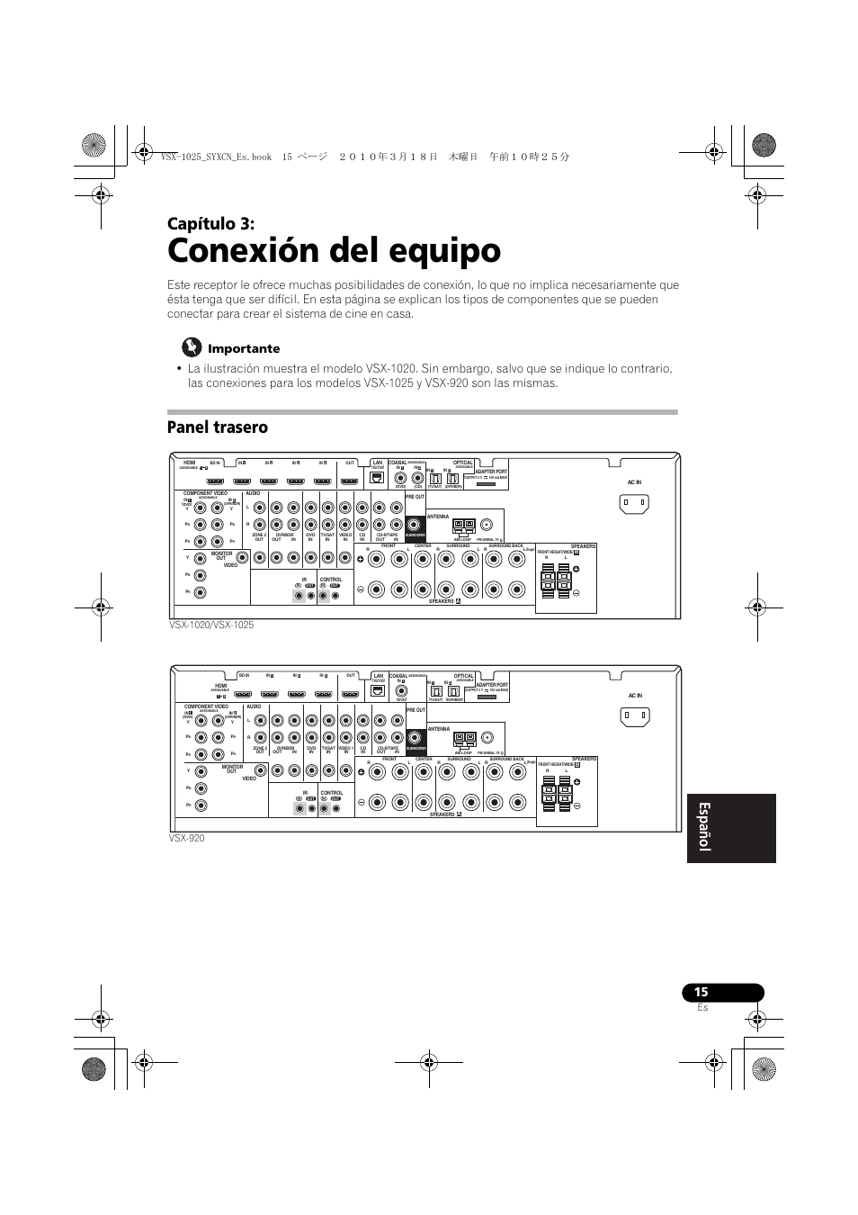 Conexión del equipo, Importante, Panel trasero | 03 conexión del equipo, Capítulo 3 | Pioneer VSX-1020-K User Manual | Page 411 / 532