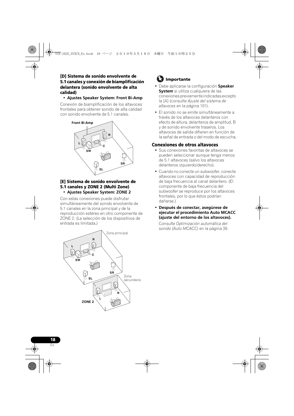 Importante, Conexiones de otros altavoces | Pioneer VSX-1020-K User Manual | Page 414 / 532