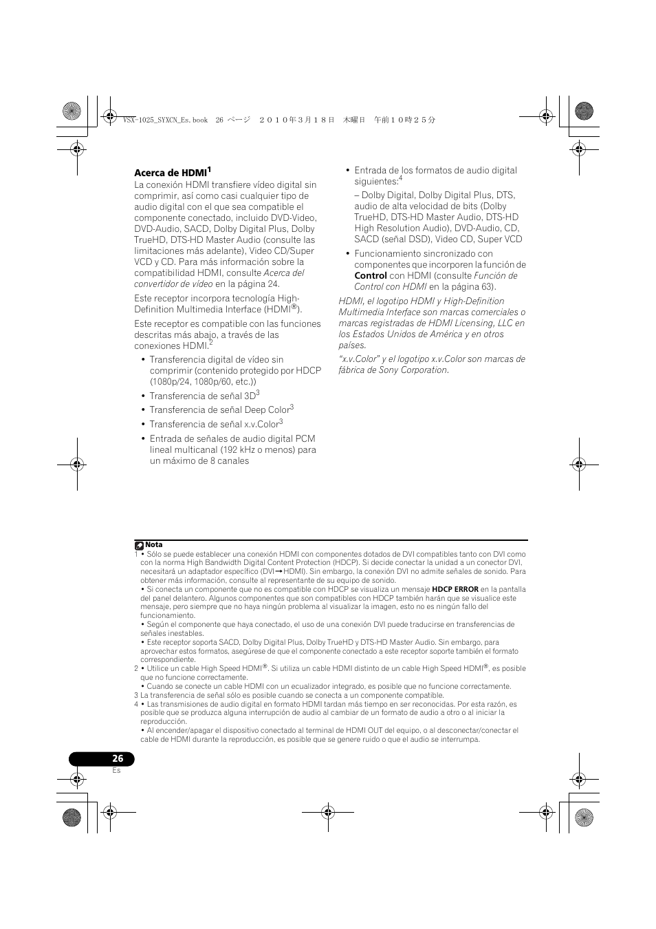 Acerca de hdmi | Pioneer VSX-1020-K User Manual | Page 422 / 532