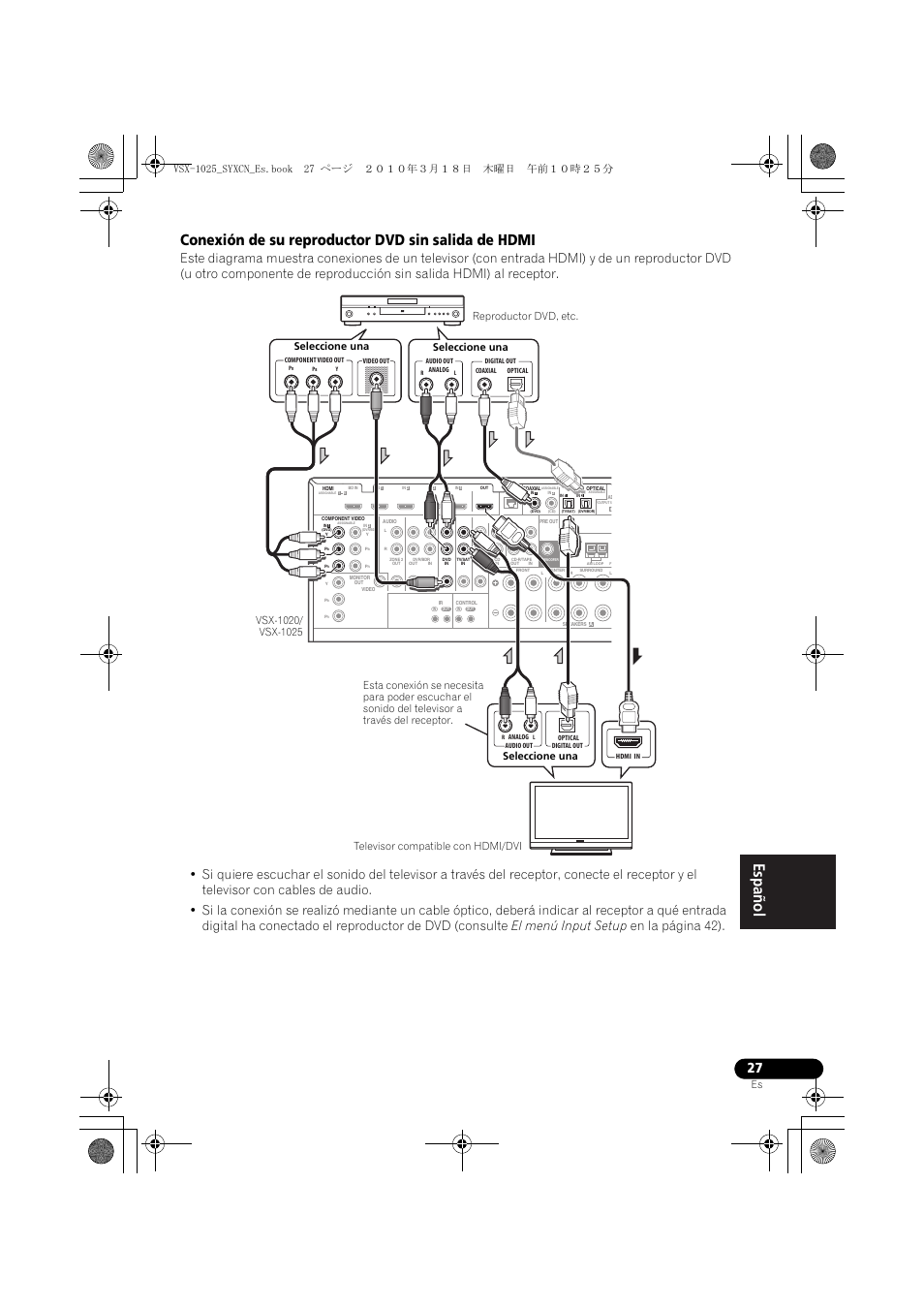 Conexión de su reproductor dvd sin salida de hdmi | Pioneer VSX-1020-K User Manual | Page 423 / 532