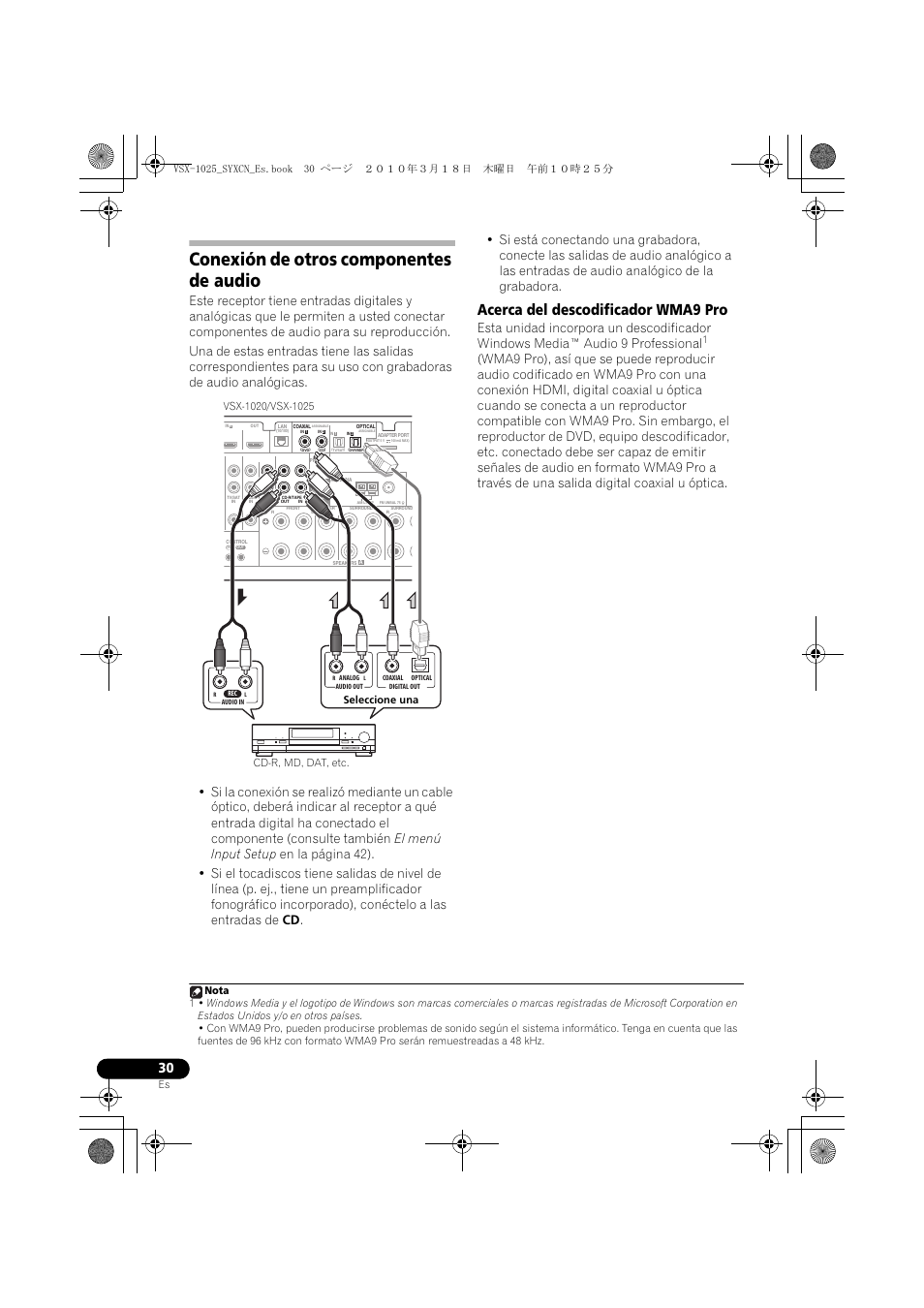 Conexión de otros componentes de audio, Acerca del descodificador wma9 pro | Pioneer VSX-1020-K User Manual | Page 426 / 532