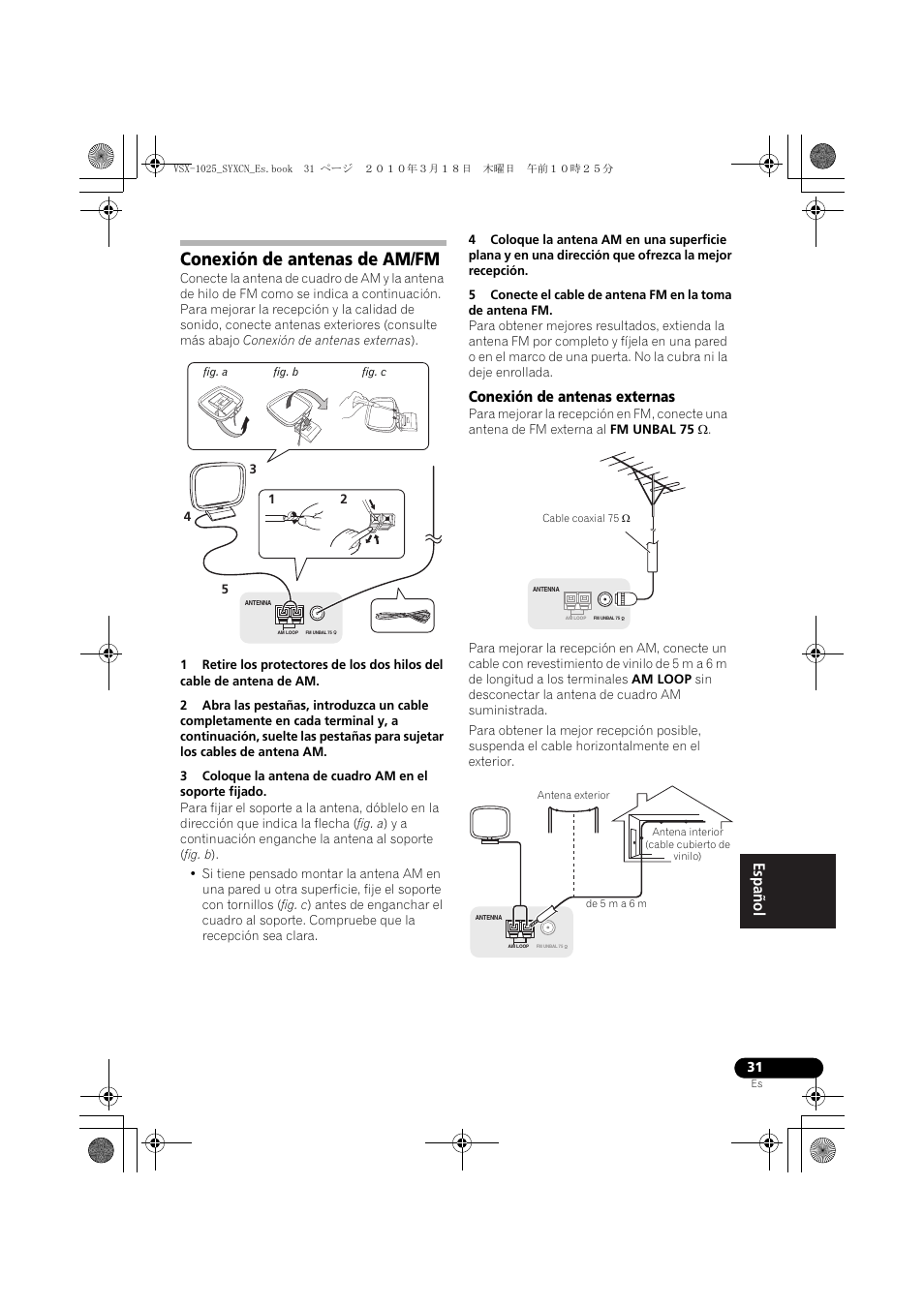 Conexión de antenas de am/fm, Conexión de antenas externas, Antena exterior | Pioneer VSX-1020-K User Manual | Page 427 / 532