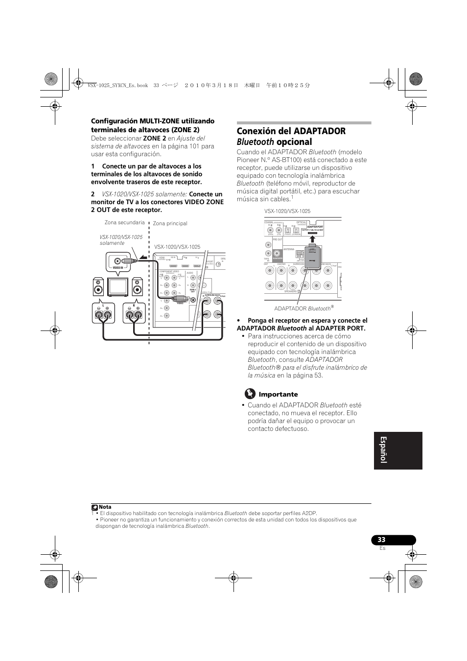 Conexión del adaptador bluetooth opcional, Importante, Adaptador bluetooth | Pioneer VSX-1020-K User Manual | Page 429 / 532