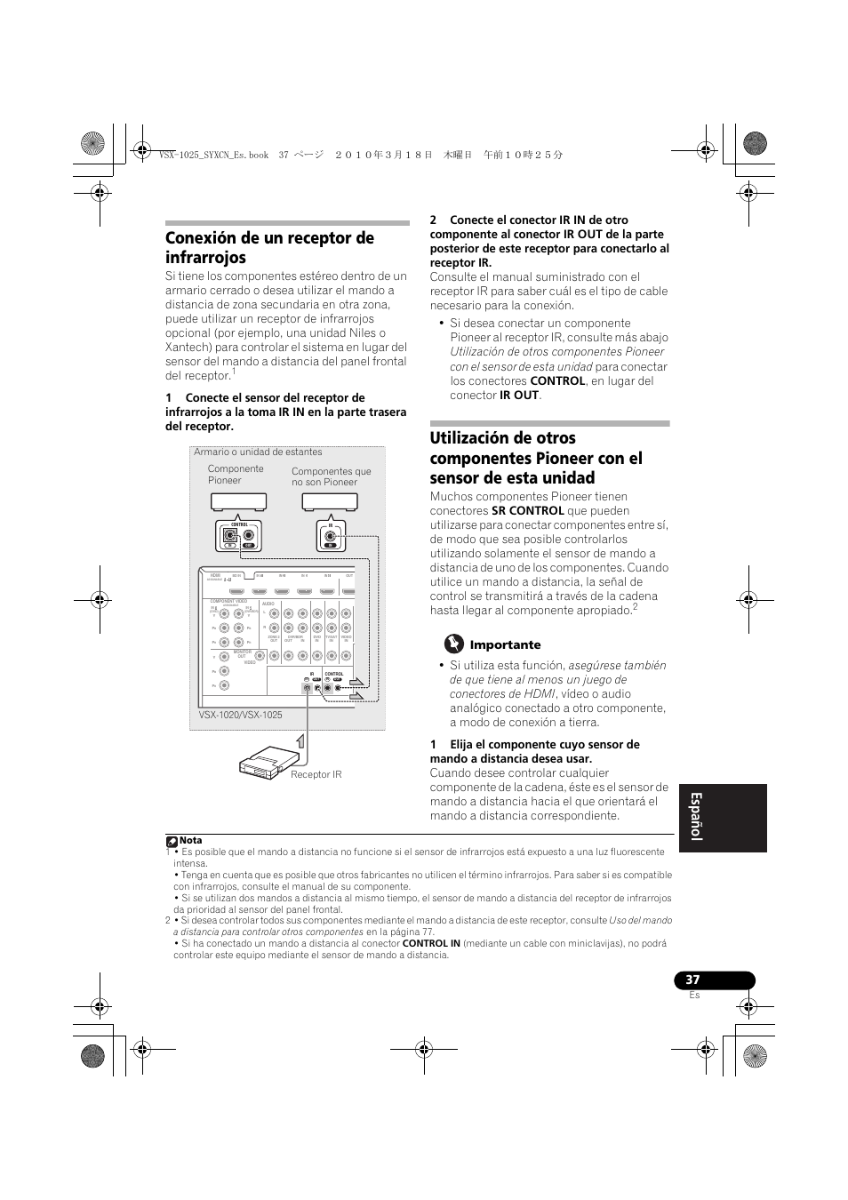 Conexión de un receptor de infrarrojos, Importante | Pioneer VSX-1020-K User Manual | Page 433 / 532