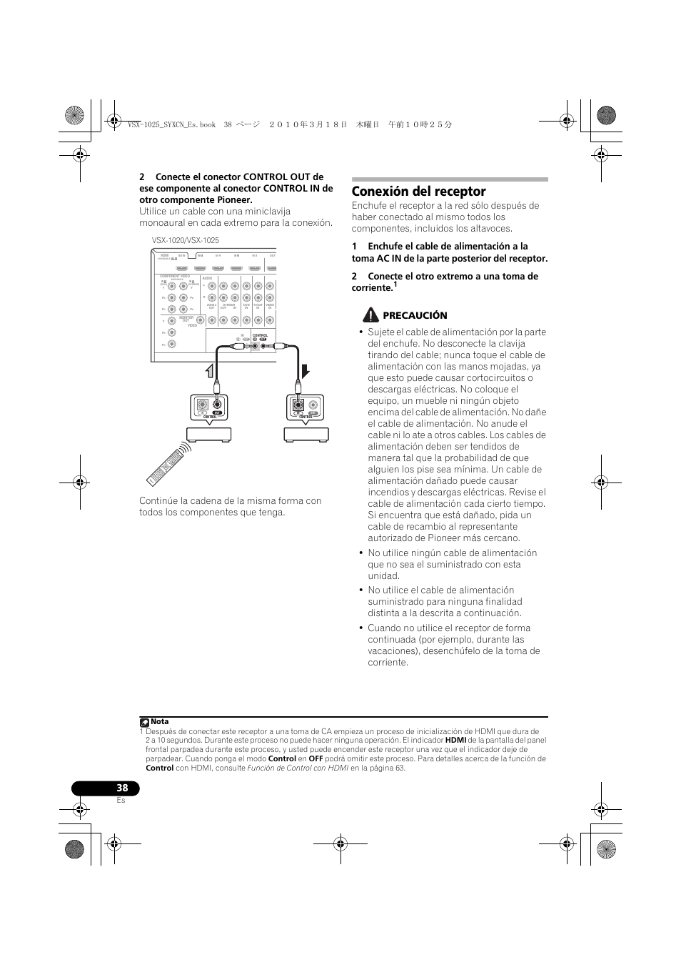 Conexión del receptor, 2 conecte el otro extremo a una toma de corriente, Precaución | Pioneer VSX-1020-K User Manual | Page 434 / 532