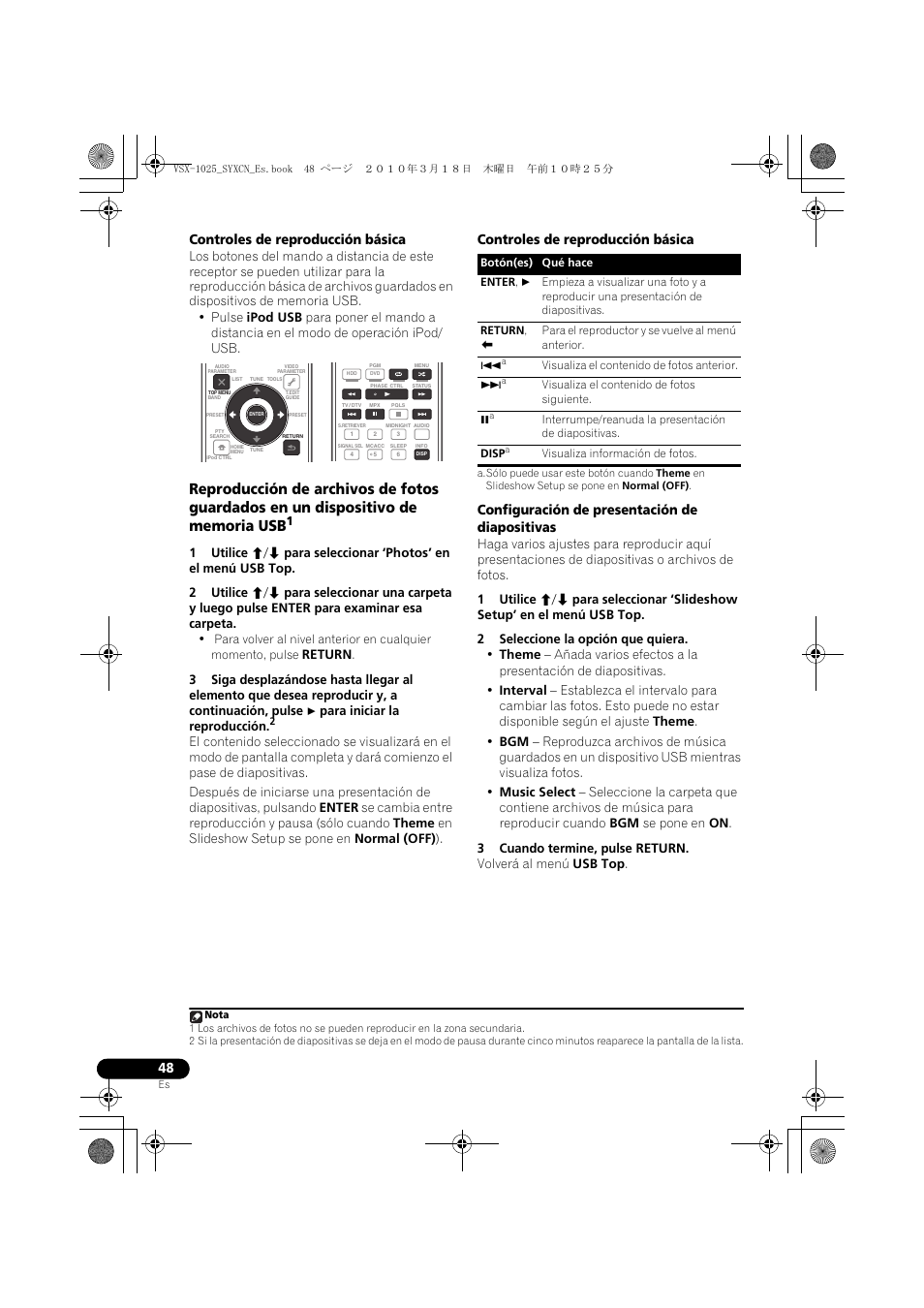Controles de reproducción básica, Configuración de presentación de diapositivas, 2 seleccione la opción que quiera | 3 cuando termine, pulse return | Pioneer VSX-1020-K User Manual | Page 444 / 532