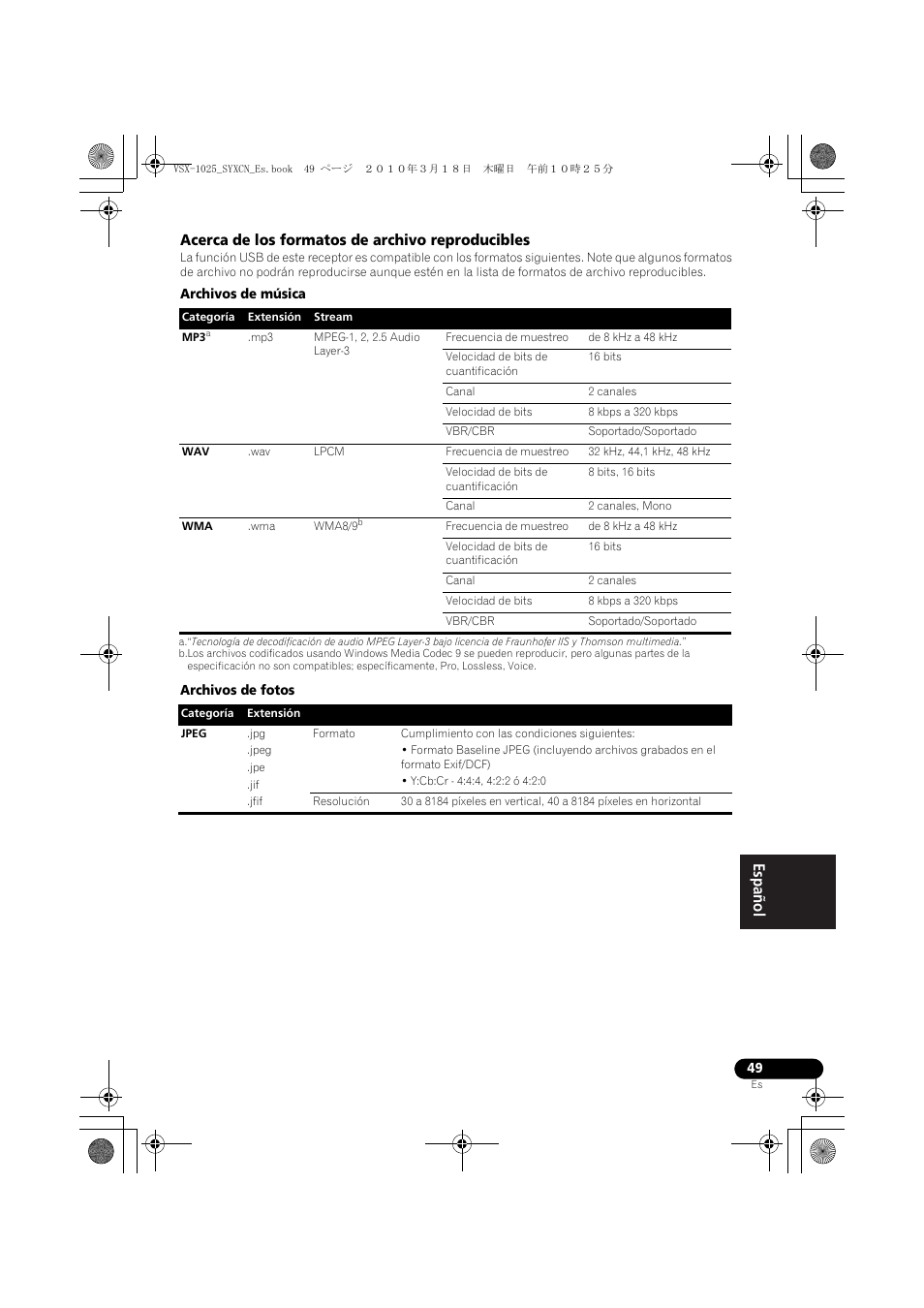 Acerca de los formatos de archivo reproducibles, Archivos de música, Archivos de fotos | Pioneer VSX-1020-K User Manual | Page 445 / 532