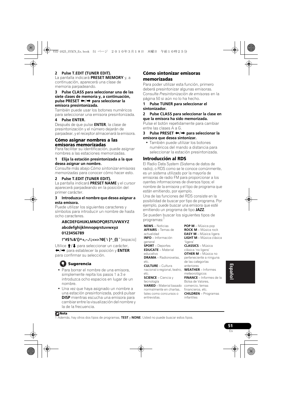 2 pulse t.edit (tuner edit), 4 pulse enter, Cómo asignar nombres a las emisoras memorizadas | Sugerencia, Cómo sintonizar emisoras memorizadas, 1 pulse tuner para seleccionar el sintonizador, Introducción al rds | Pioneer VSX-1020-K User Manual | Page 447 / 532