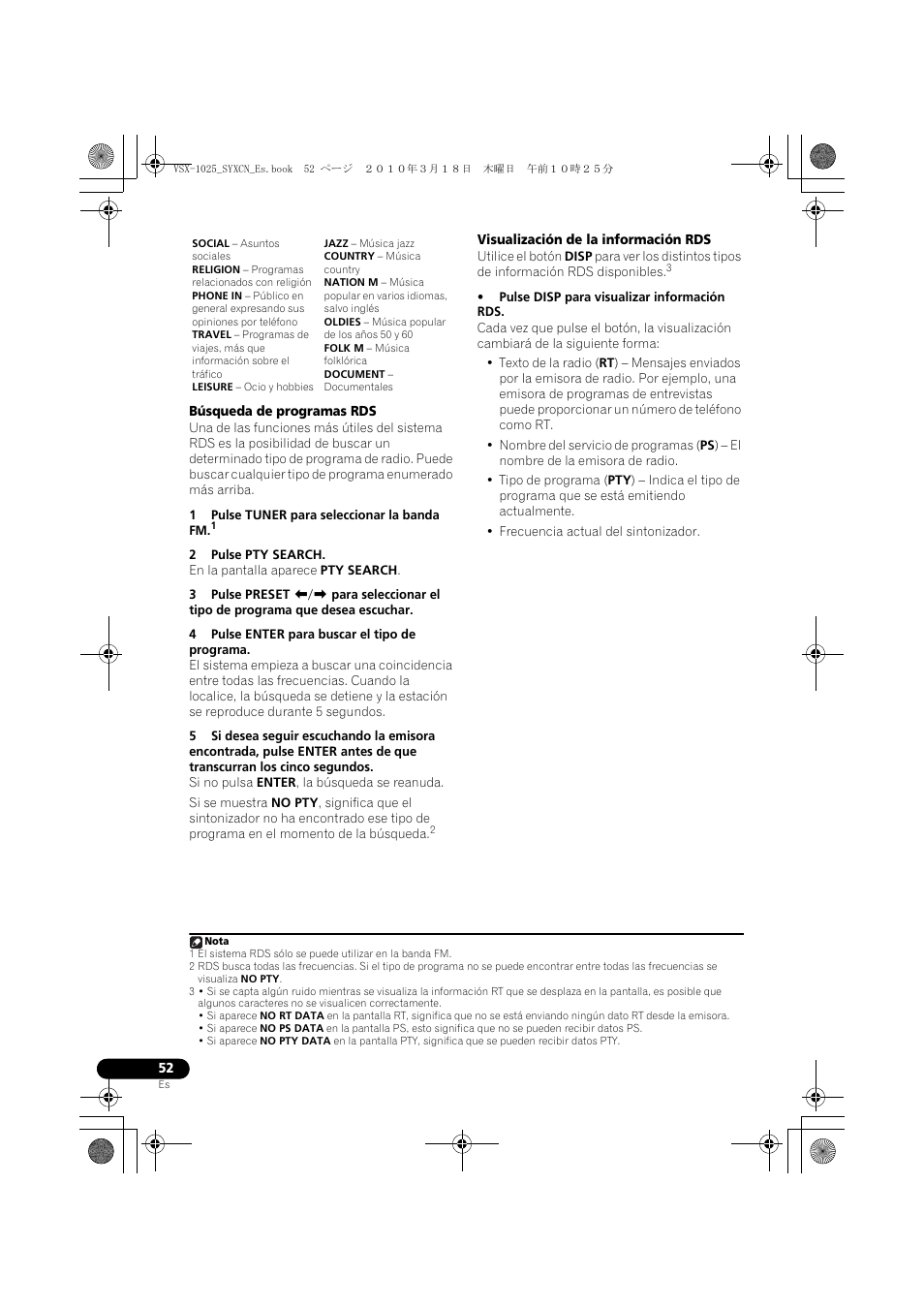 Búsqueda de programas rds, 1 pulse tuner para seleccionar la banda fm, 2 pulse pty search | 4 pulse enter para buscar el tipo de programa, Visualización de la información rds, Pulse disp para visualizar información rds | Pioneer VSX-1020-K User Manual | Page 448 / 532