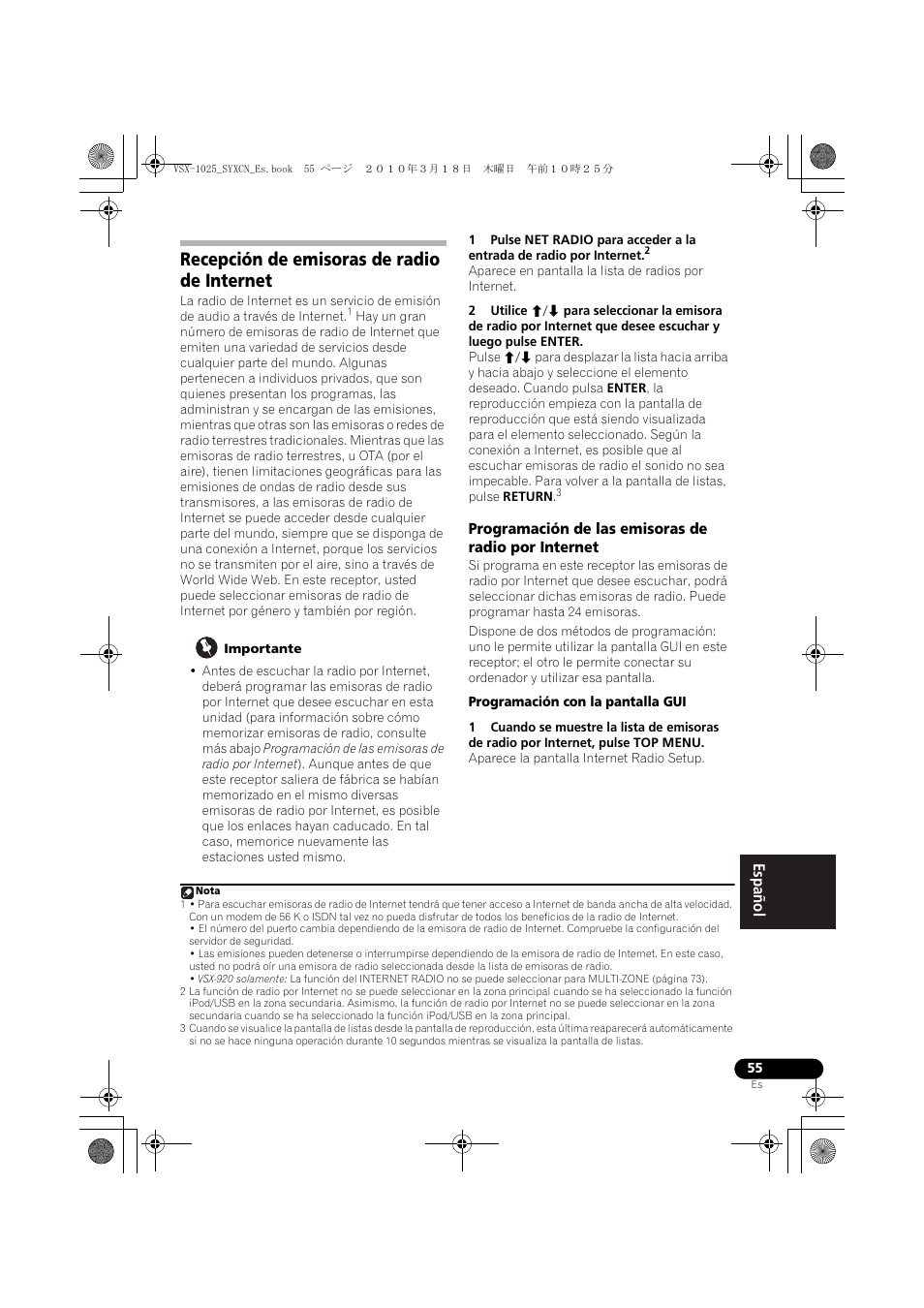 Recepción de emisoras de radio de internet, Importante, Programación de las emisoras de radio por internet | Programación con la pantalla gui | Pioneer VSX-1020-K User Manual | Page 451 / 532