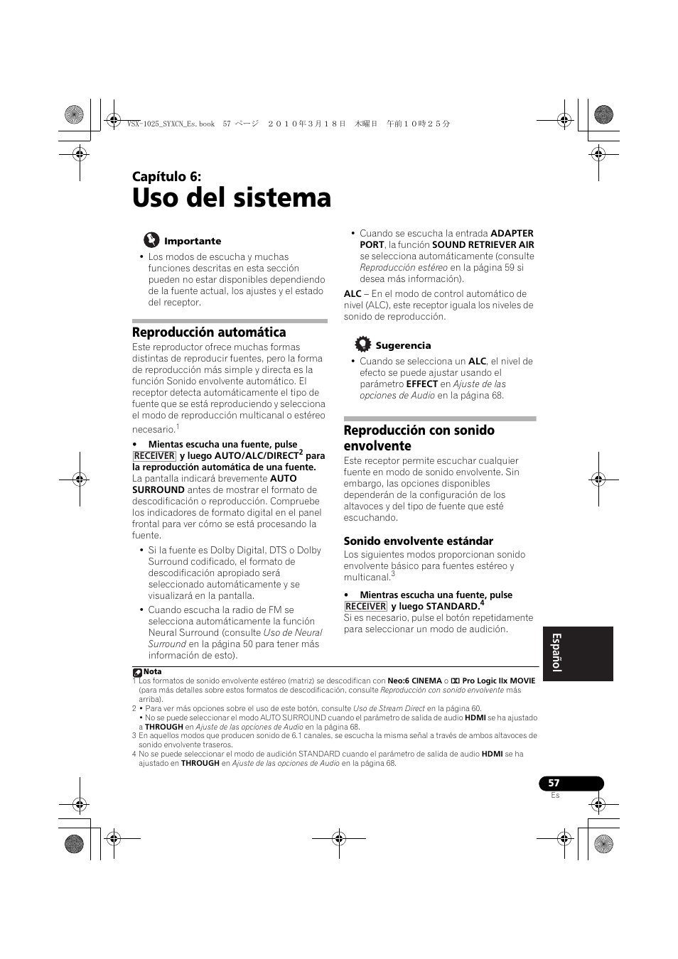 Uso del sistema, Importante, Reproducción automática | Sugerencia, Reproducción con sonido envolvente, Sonido envolvente estándar, 06 uso del sistema, Capítulo 6 | Pioneer VSX-1020-K User Manual | Page 453 / 532