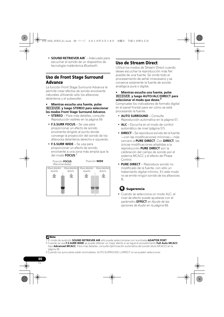 Uso de front stage surround advance, Posición focus (recomendada), Uso de stream direct | Sugerencia | Pioneer VSX-1020-K User Manual | Page 456 / 532
