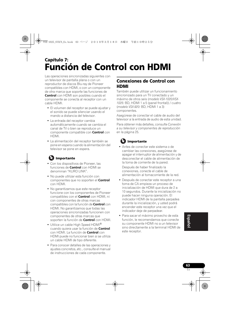Función de control con hdmi, Importante, Conexiones de control con hdmi | 07 función de control con hdmi, Capítulo 7 | Pioneer VSX-1020-K User Manual | Page 459 / 532