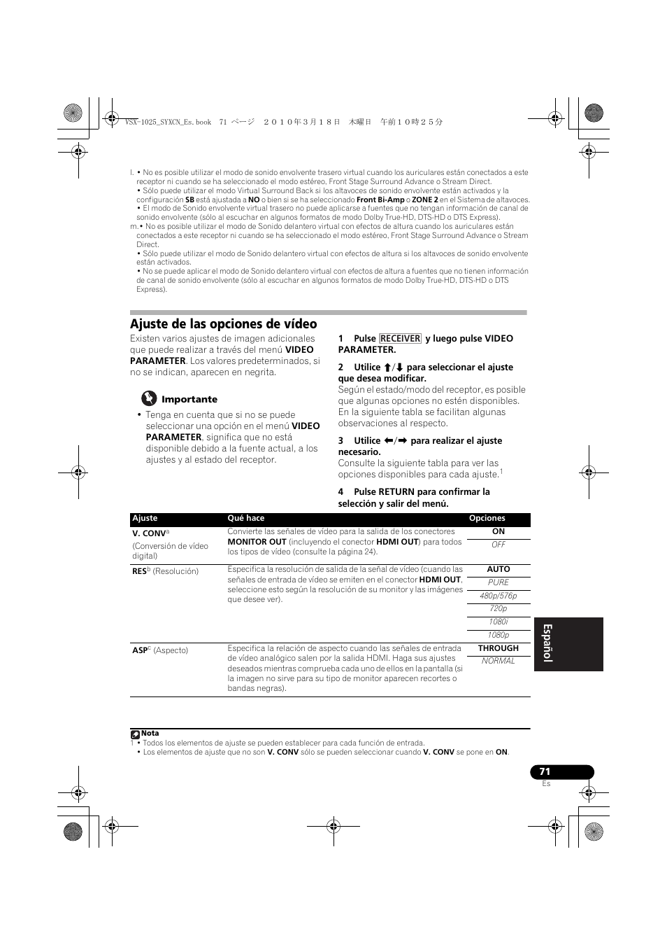 Ajuste de las opciones de vídeo, Importante, 1 pulse y luego pulse video parameter | 3 utilice k/l para realizar el ajuste necesario, Auto, Pure, 480p/576p, 720p, 1080i, 1080p | Pioneer VSX-1020-K User Manual | Page 467 / 532