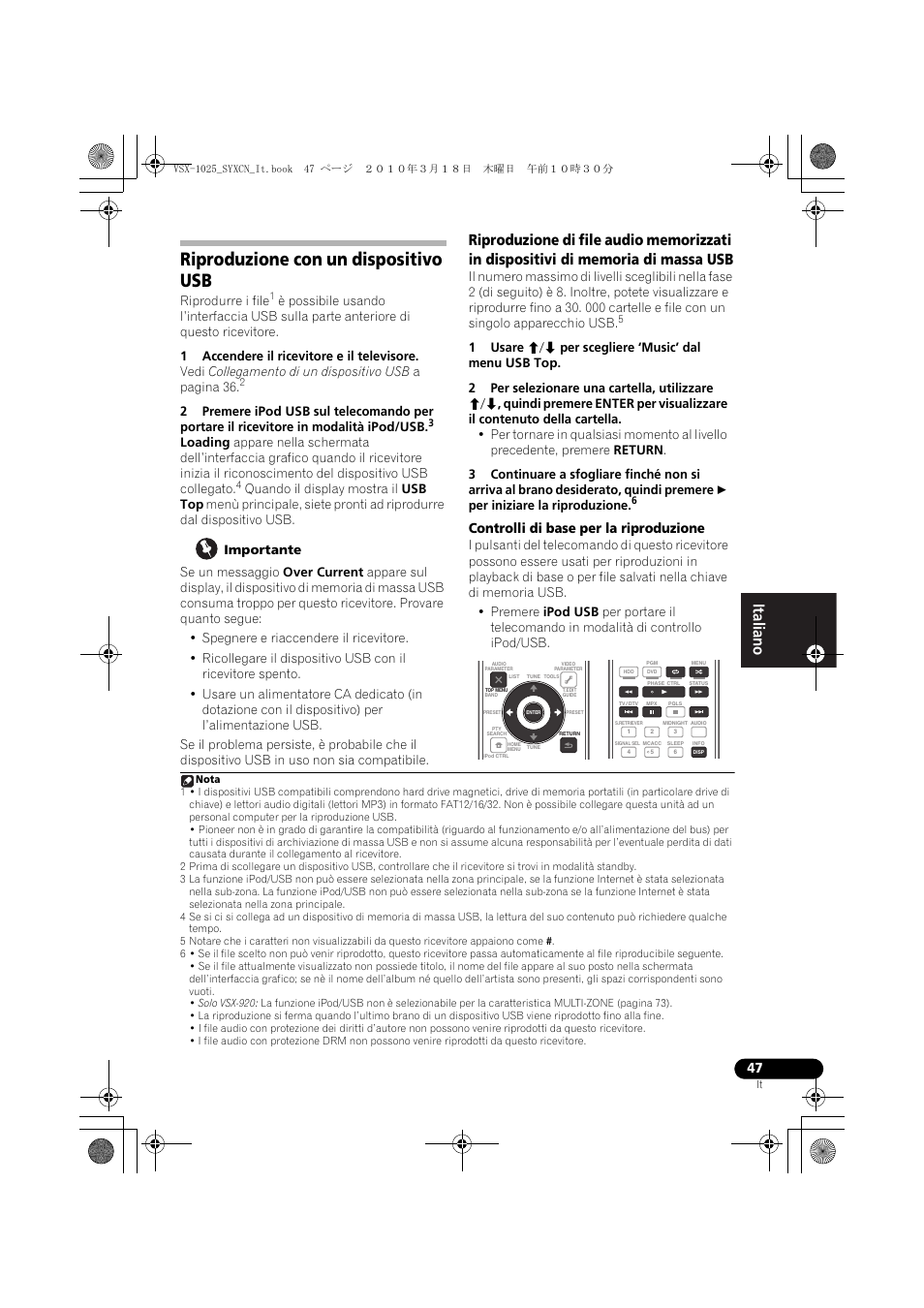 Riproduzione con un dispositivo usb, 1 accendere il ricevitore e il televisore, Importante | 1 usare i/j per scegliere ‘music’ dal menu usb top, Controlli di base per la riproduzione | Pioneer VSX-1020-K User Manual | Page 47 / 532