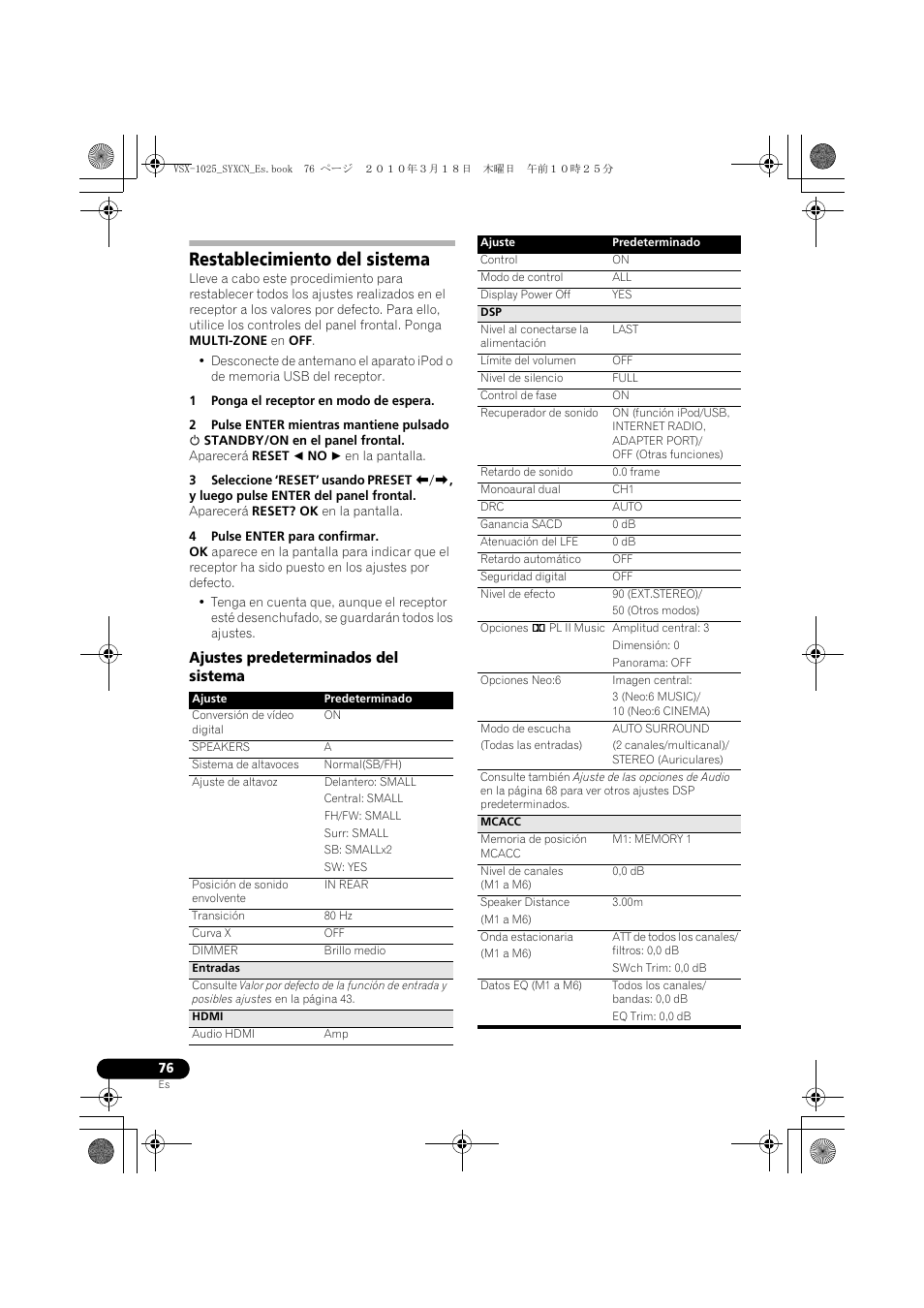 Restablecimiento del sistema, 1 ponga el receptor en modo de espera, 4 pulse enter para confirmar | Ajustes predeterminados del sistema | Pioneer VSX-1020-K User Manual | Page 472 / 532