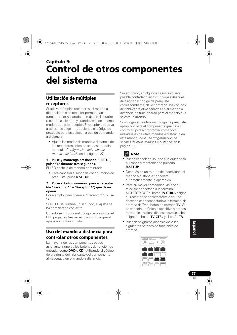 Control de otros componentes del sistema, Utilización de múltiples receptores, Nota | 09 control de otros componentes del sistema, Capítulo 9 | Pioneer VSX-1020-K User Manual | Page 473 / 532