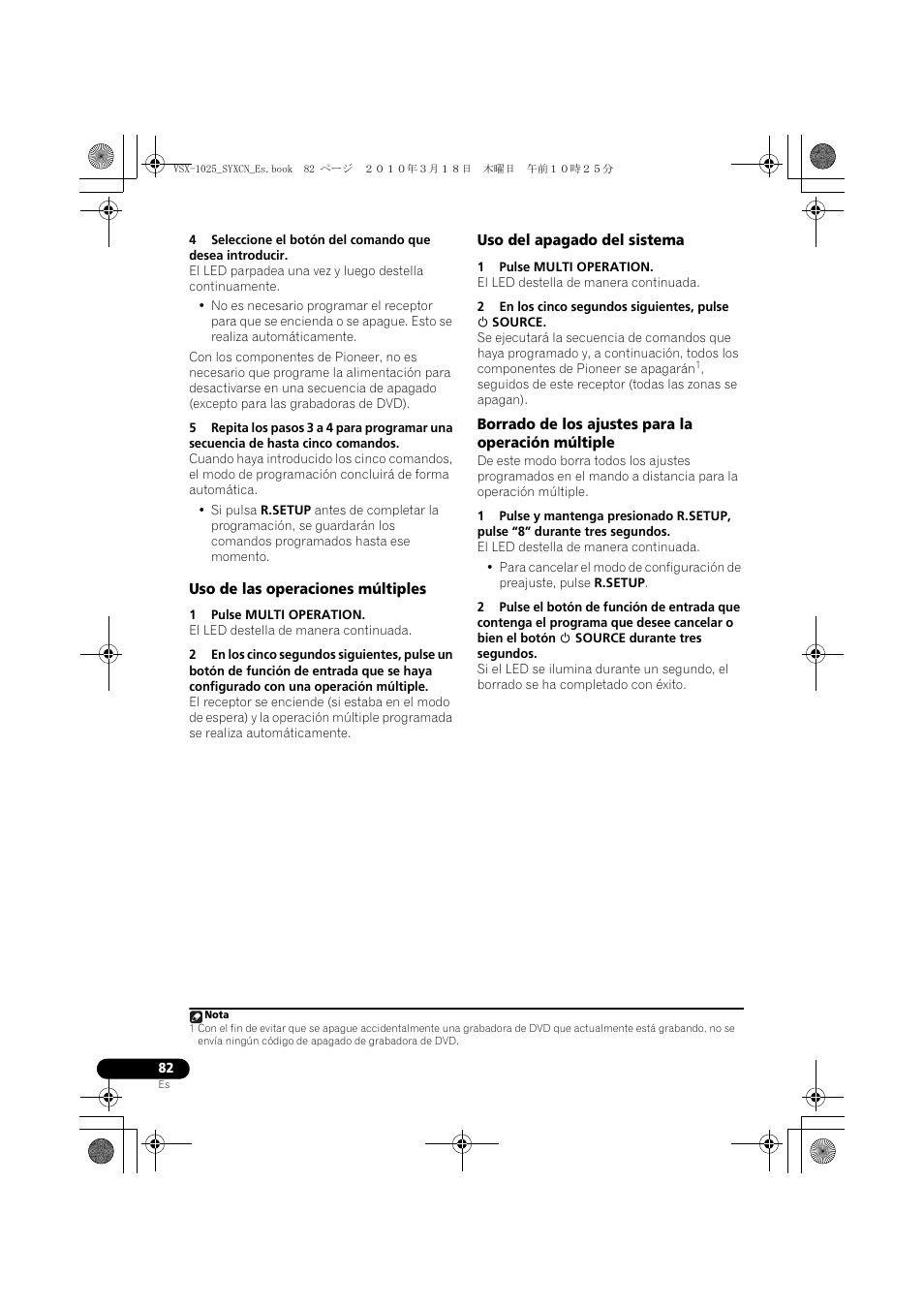 Uso de las operaciones múltiples, 1 pulse multi operation, Uso del apagado del sistema | 2 en los cinco segundos siguientes, pulse u source, Borrado de los ajustes para la operación múltiple | Pioneer VSX-1020-K User Manual | Page 478 / 532