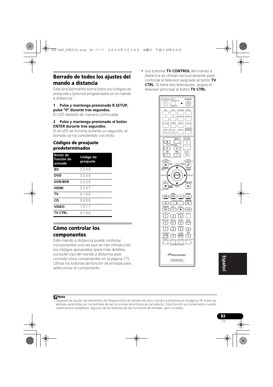Borrado de todos los ajustes del mando a distancia, Códigos de preajuste predeterminados, Cómo controlar los componentes | Pioneer VSX-1020-K User Manual | Page 479 / 532
