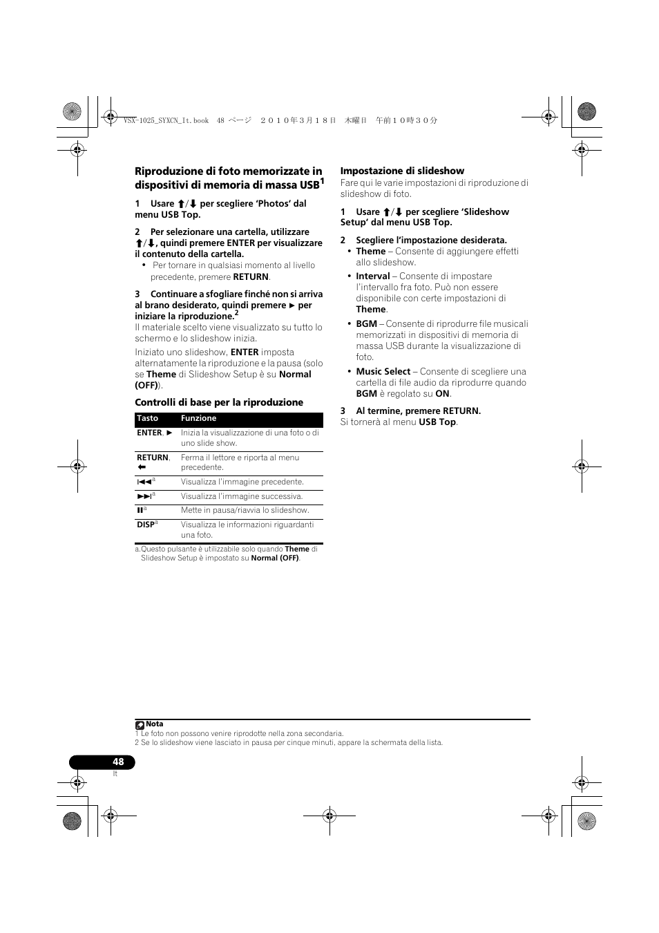 Controlli di base per la riproduzione, Impostazione di slideshow, 2 scegliere l’impostazione desiderata | 3 al termine, premere return | Pioneer VSX-1020-K User Manual | Page 48 / 532