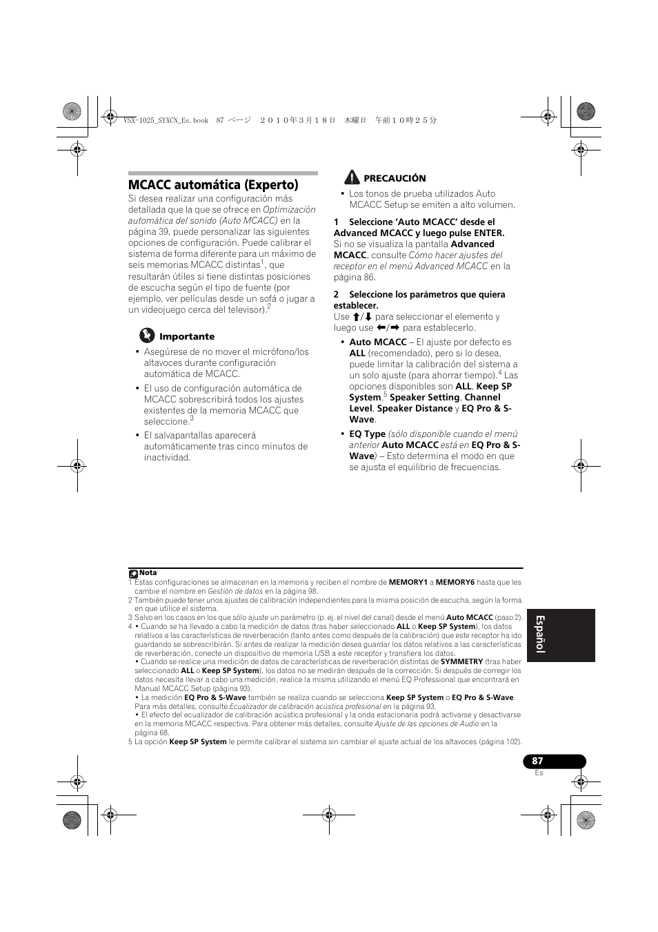 Mcacc automática (experto), Importante, Precaución | 2 seleccione los parámetros que quiera establecer | Pioneer VSX-1020-K User Manual | Page 483 / 532