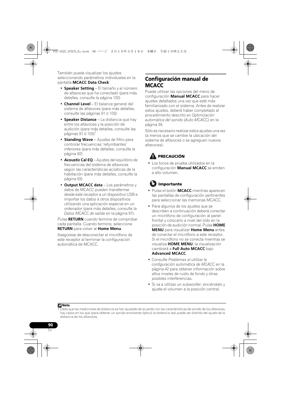 Configuración manual de mcacc, Precaución, Importante | Pioneer VSX-1020-K User Manual | Page 486 / 532