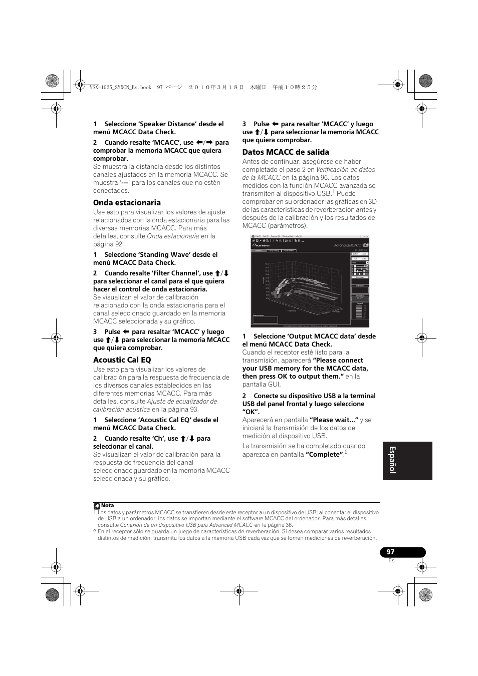 Onda estacionaria, Acoustic cal eq, Datos mcacc de salida | Pioneer VSX-1020-K User Manual | Page 493 / 532