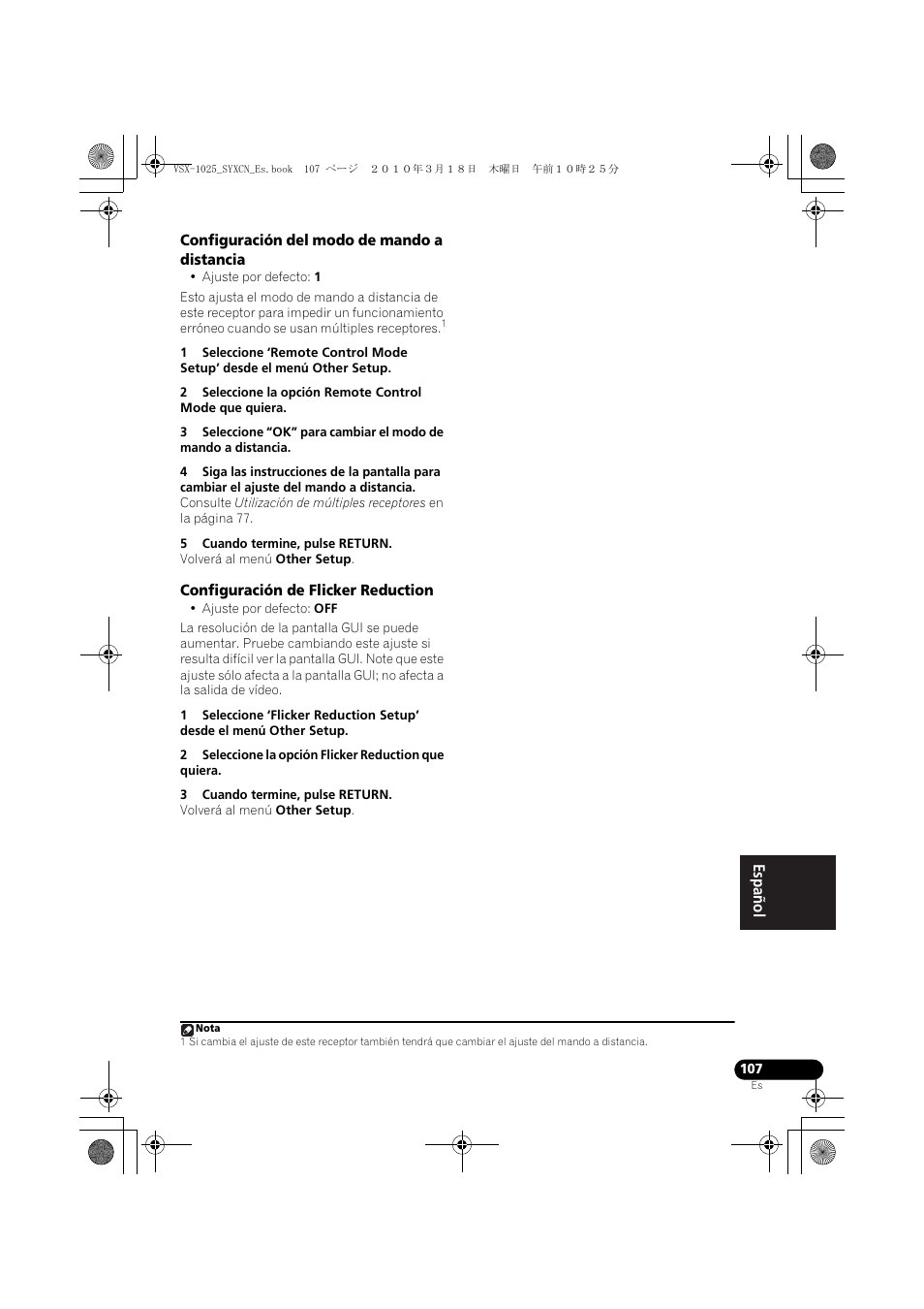 Configuración del modo de mando a distancia, 5 cuando termine, pulse return, Configuración de flicker reduction | 3 cuando termine, pulse return | Pioneer VSX-1020-K User Manual | Page 503 / 532