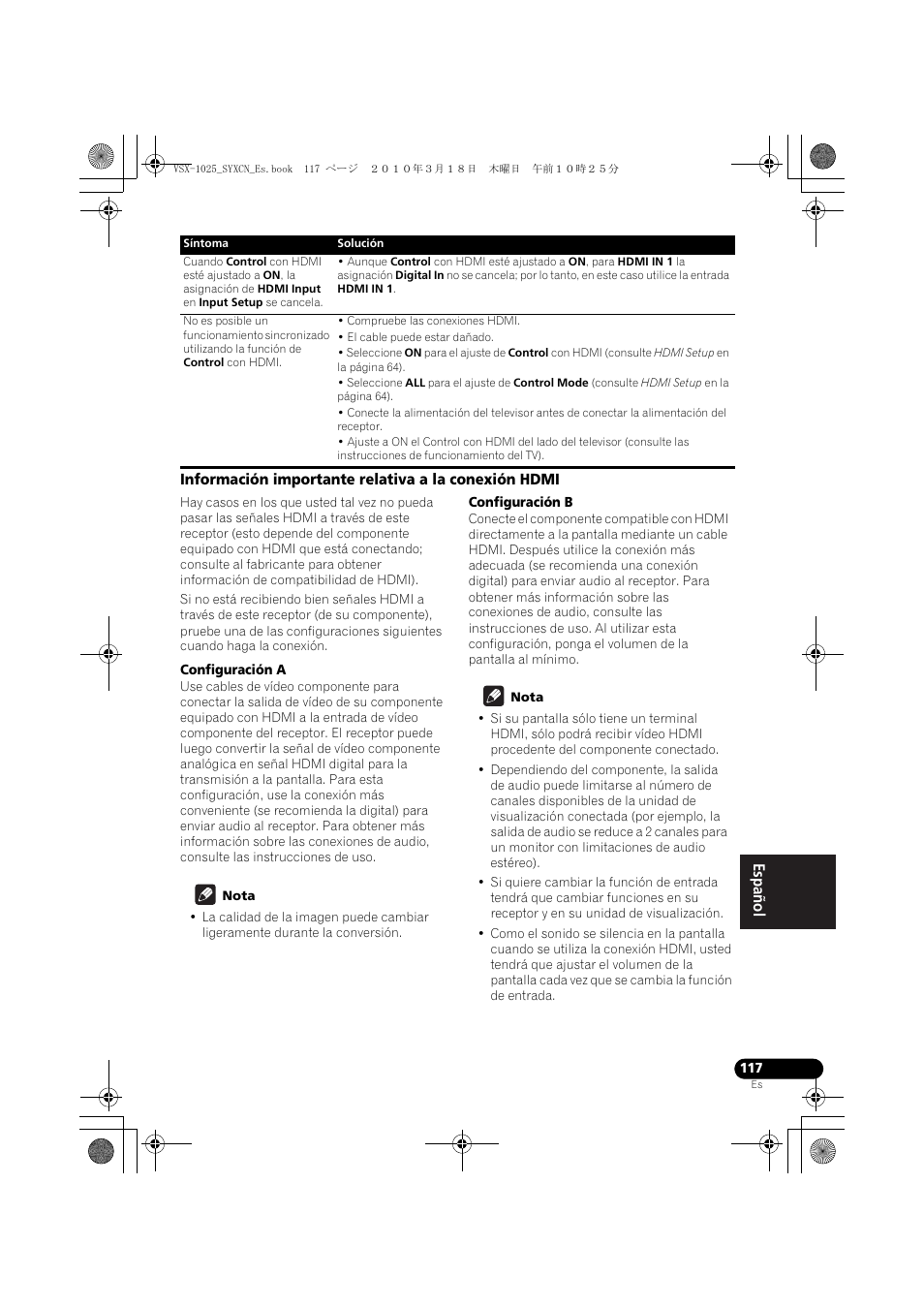 Información importante relativa a la conexión hdmi, Configuración a, Nota | Configuración b | Pioneer VSX-1020-K User Manual | Page 513 / 532