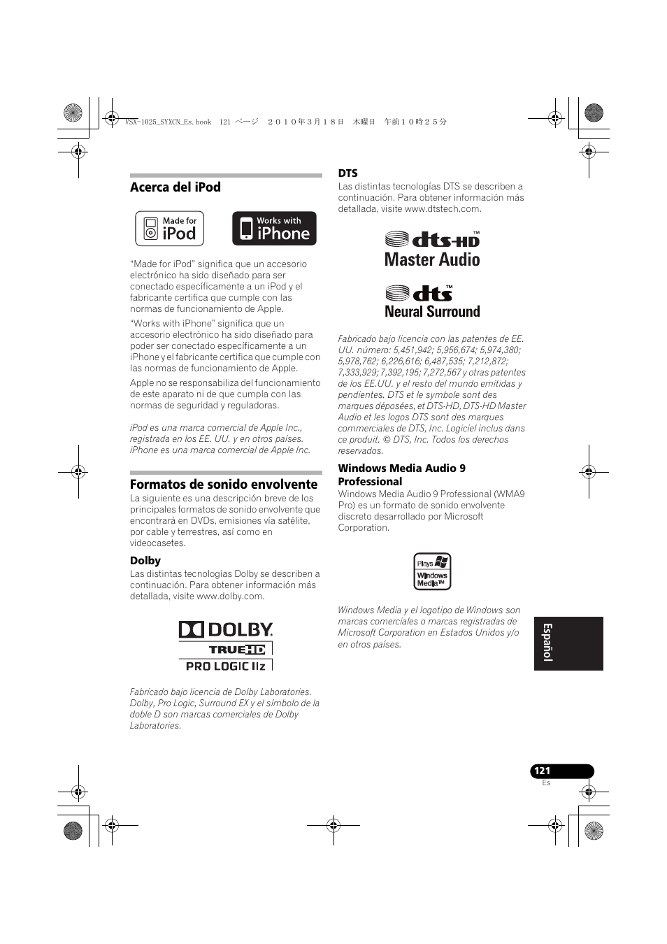 Acerca del ipod, Formatos de sonido envolvente, Dolby | Windows media audio 9 professional | Pioneer VSX-1020-K User Manual | Page 517 / 532