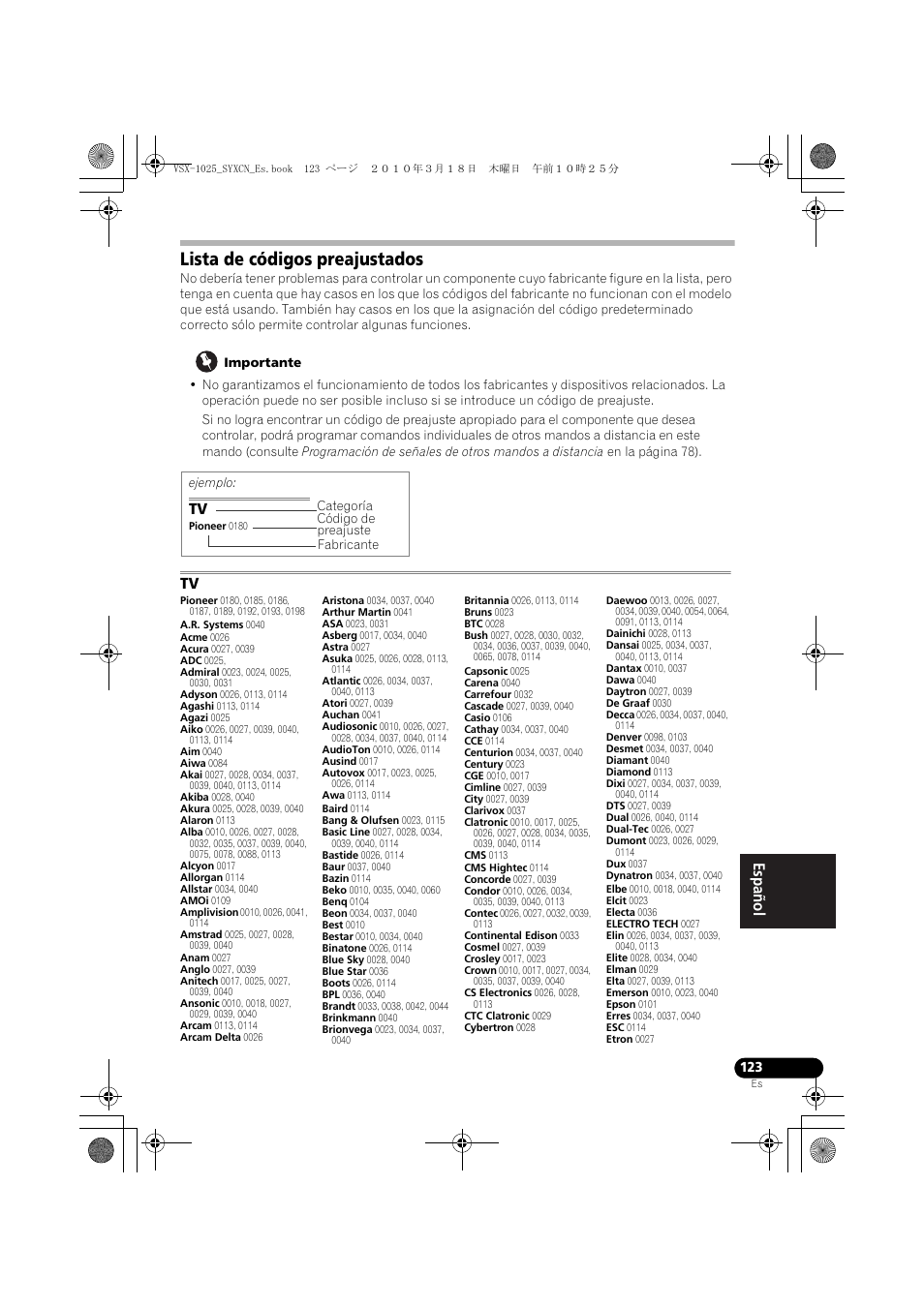 Lista de códigos preajustados, Importante | Pioneer VSX-1020-K User Manual | Page 519 / 532