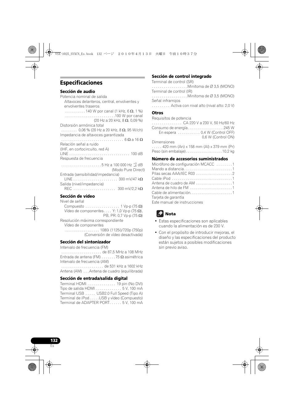 Especificaciones | Pioneer VSX-1020-K User Manual | Page 528 / 532