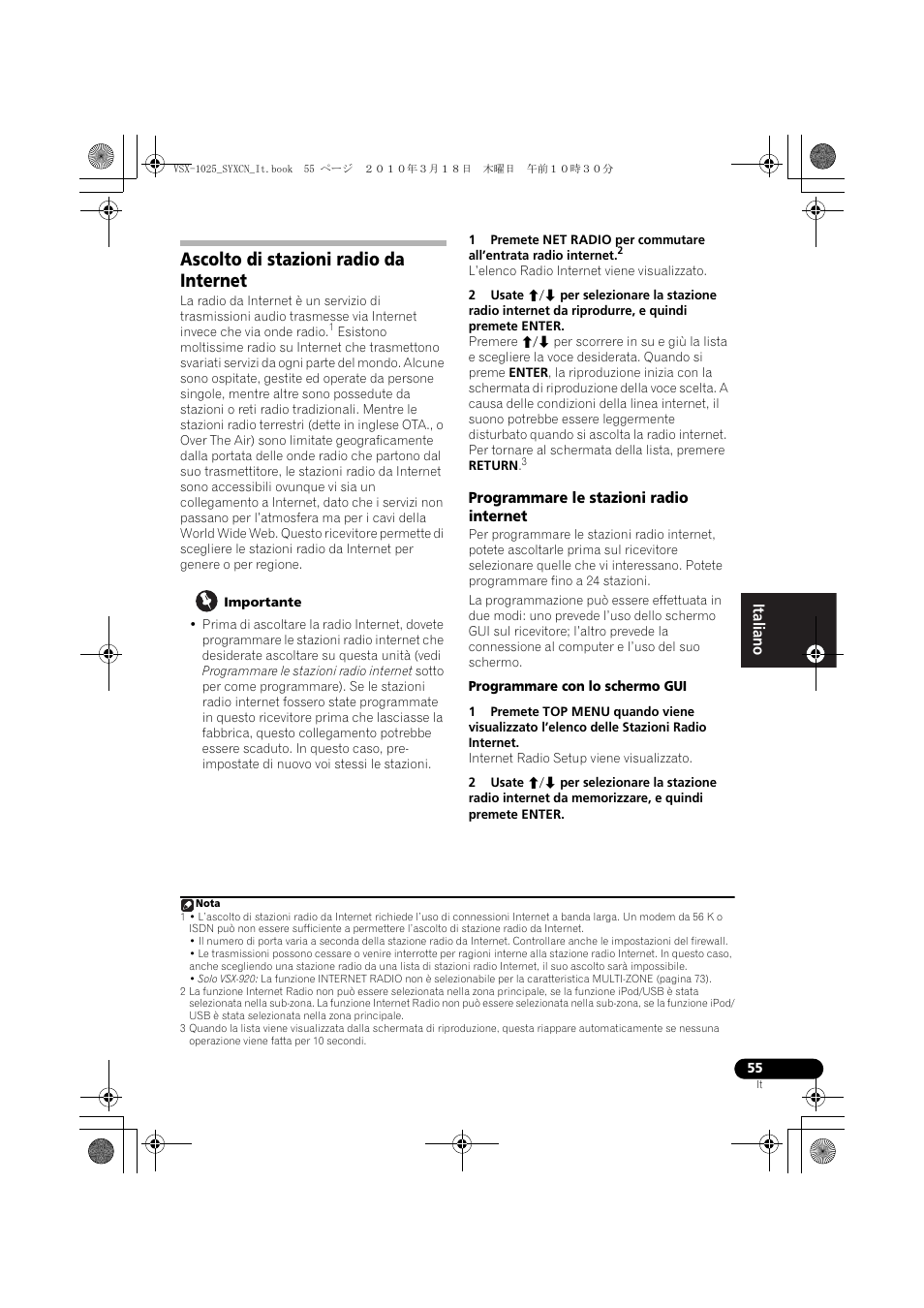 Ascolto di stazioni radio da internet, Importante, Programmare le stazioni radio internet | Programmare con lo schermo gui | Pioneer VSX-1020-K User Manual | Page 55 / 532