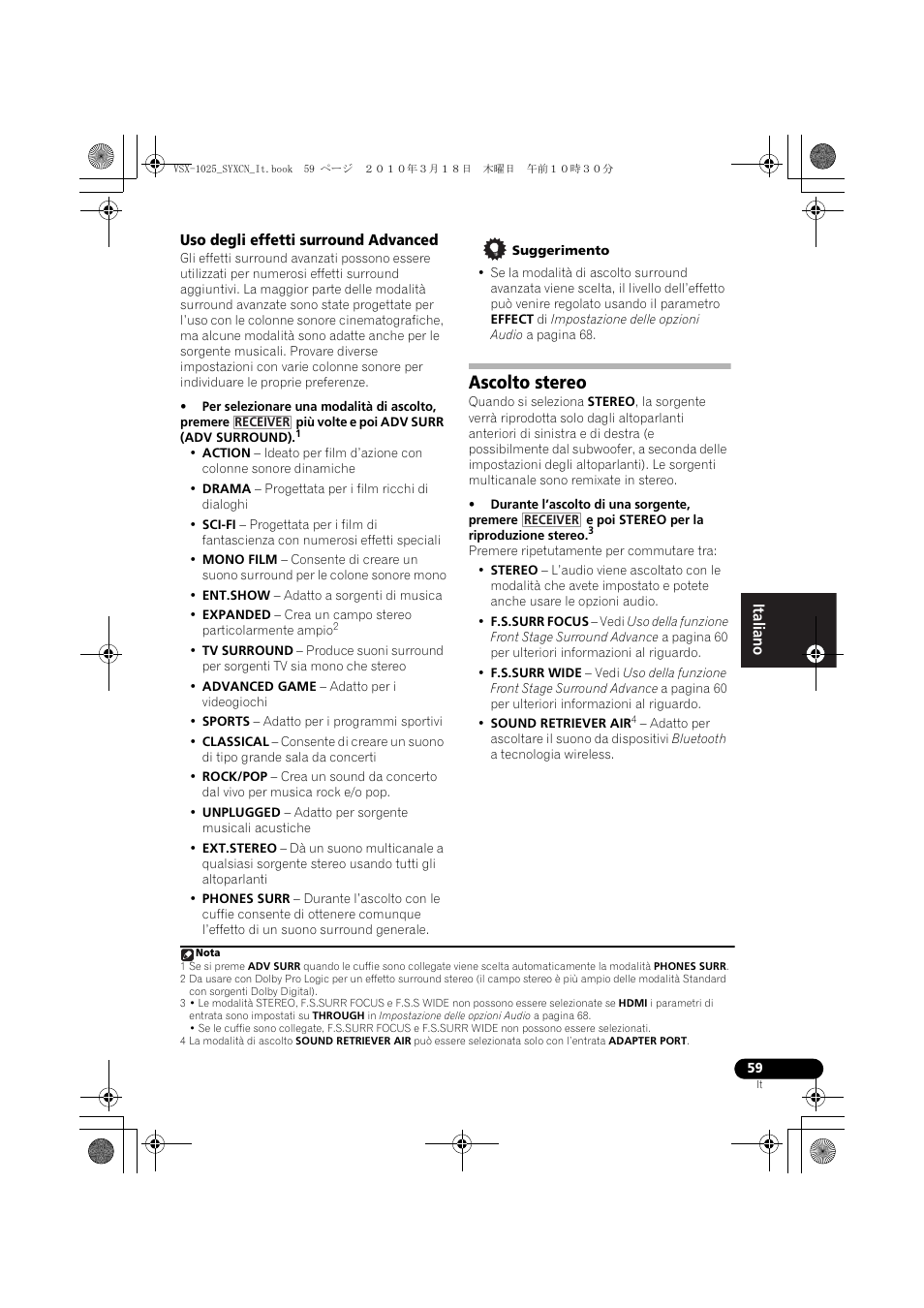 Uso degli effetti surround advanced, Suggerimento, Ascolto stereo | Pioneer VSX-1020-K User Manual | Page 59 / 532