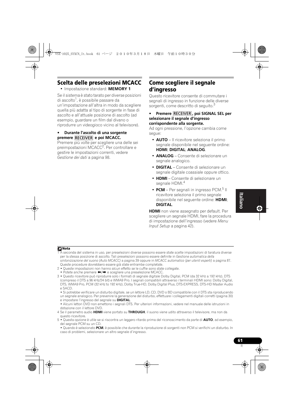 Scelta delle preselezioni mcacc, Come scegliere il segnale d’ingresso | Pioneer VSX-1020-K User Manual | Page 61 / 532