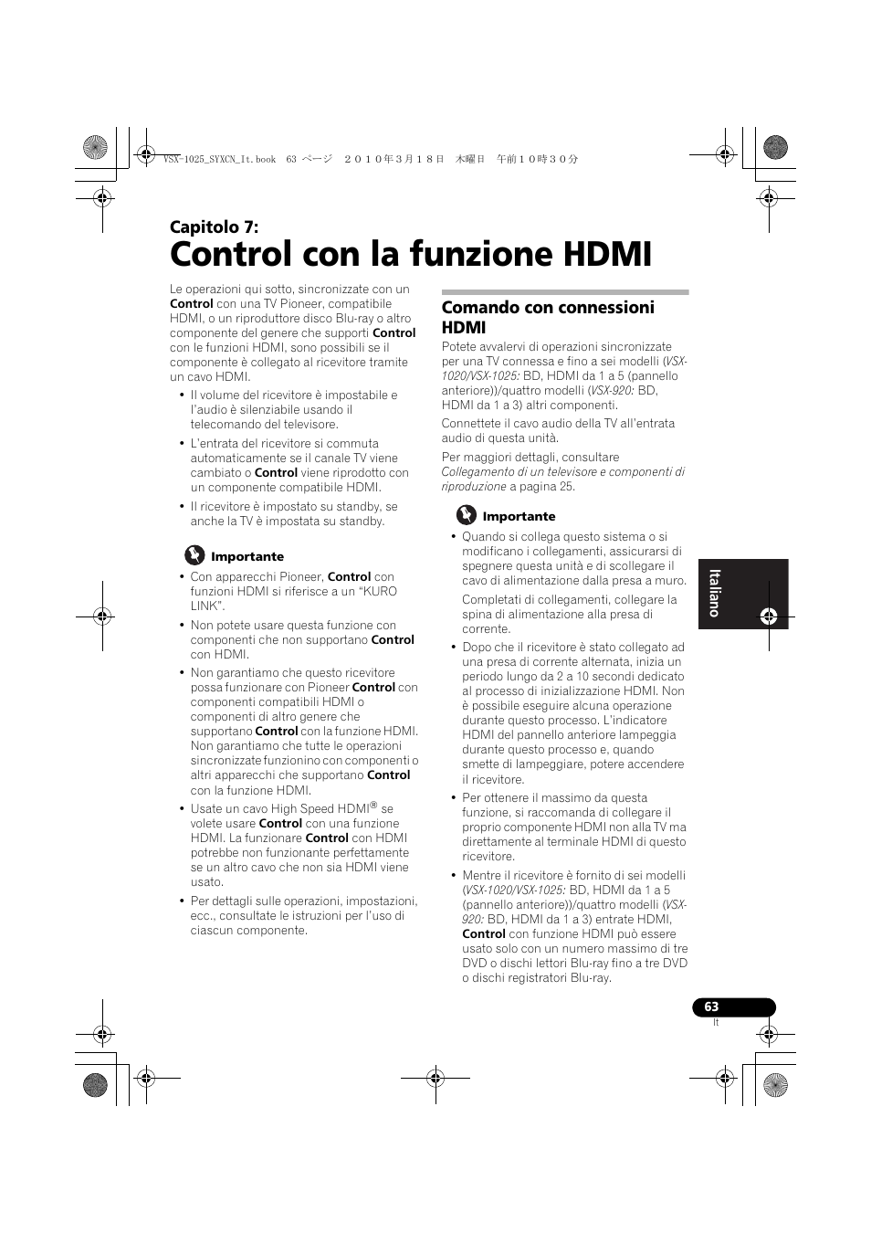 Control con la funzione hdmi, Importante, Comando con connessioni hdmi | 07 control con la funzione hdmi, Capitolo 7 | Pioneer VSX-1020-K User Manual | Page 63 / 532