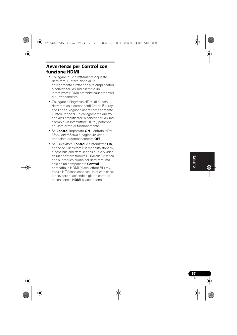 Avvertenze per control con funzione hdmi | Pioneer VSX-1020-K User Manual | Page 67 / 532