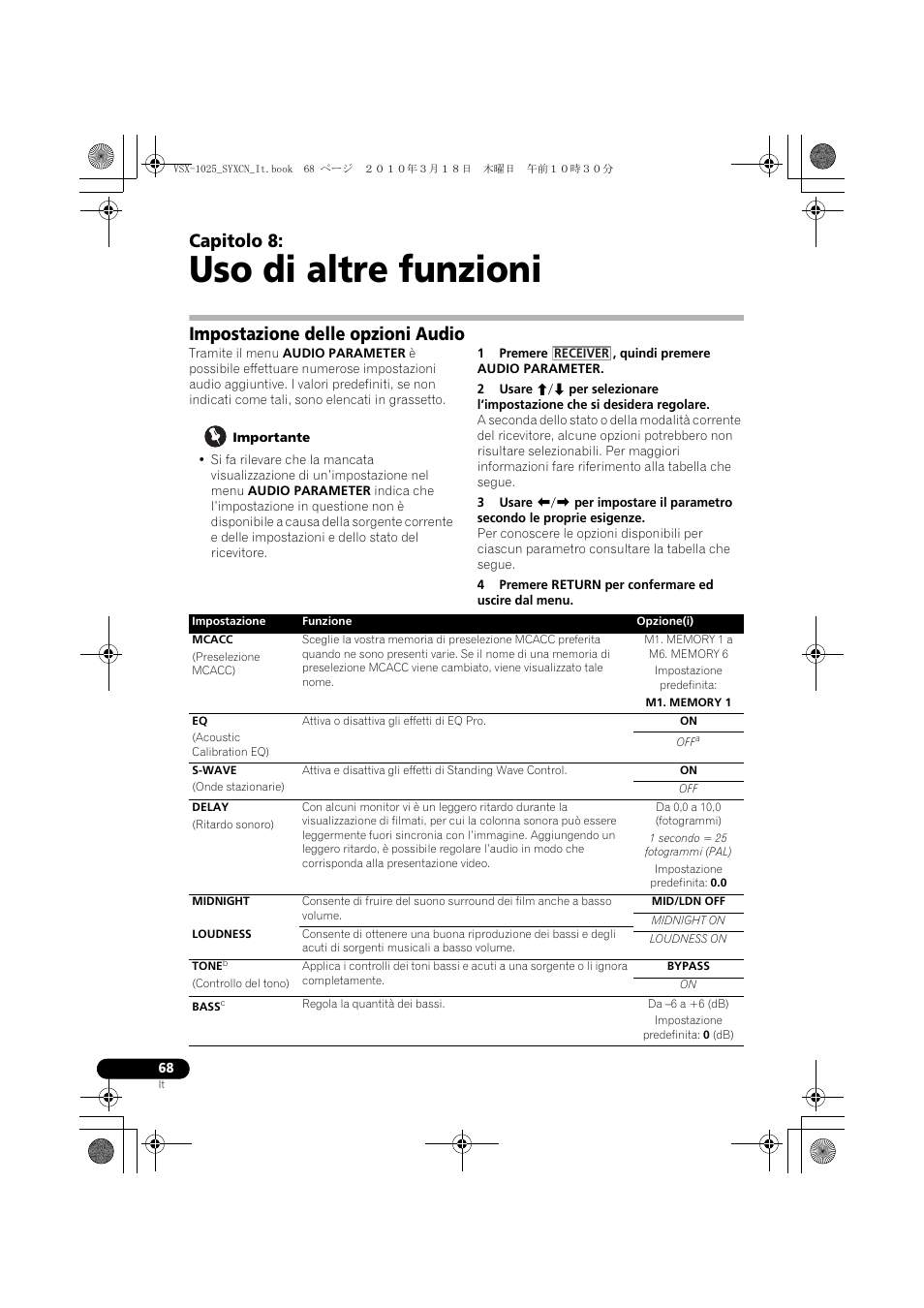 Uso di altre funzioni, Impostazione delle opzioni audio, Importante | 1 premere , quindi premere audio parameter, 4 premere return per confermare ed uscire dal menu, M1. memory 1 a m6. memory 6, Impostazione predefinita, M1. memory 1, Da 0,0 a 10,0 (fotogrammi), 1 secondo = 25 fotogrammi (pal) | Pioneer VSX-1020-K User Manual | Page 68 / 532
