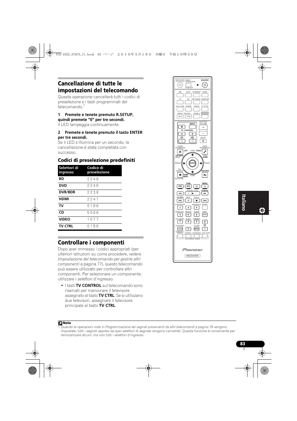 Codici di preselezione predefiniti, Controllare i componenti | Pioneer VSX-1020-K User Manual | Page 83 / 532