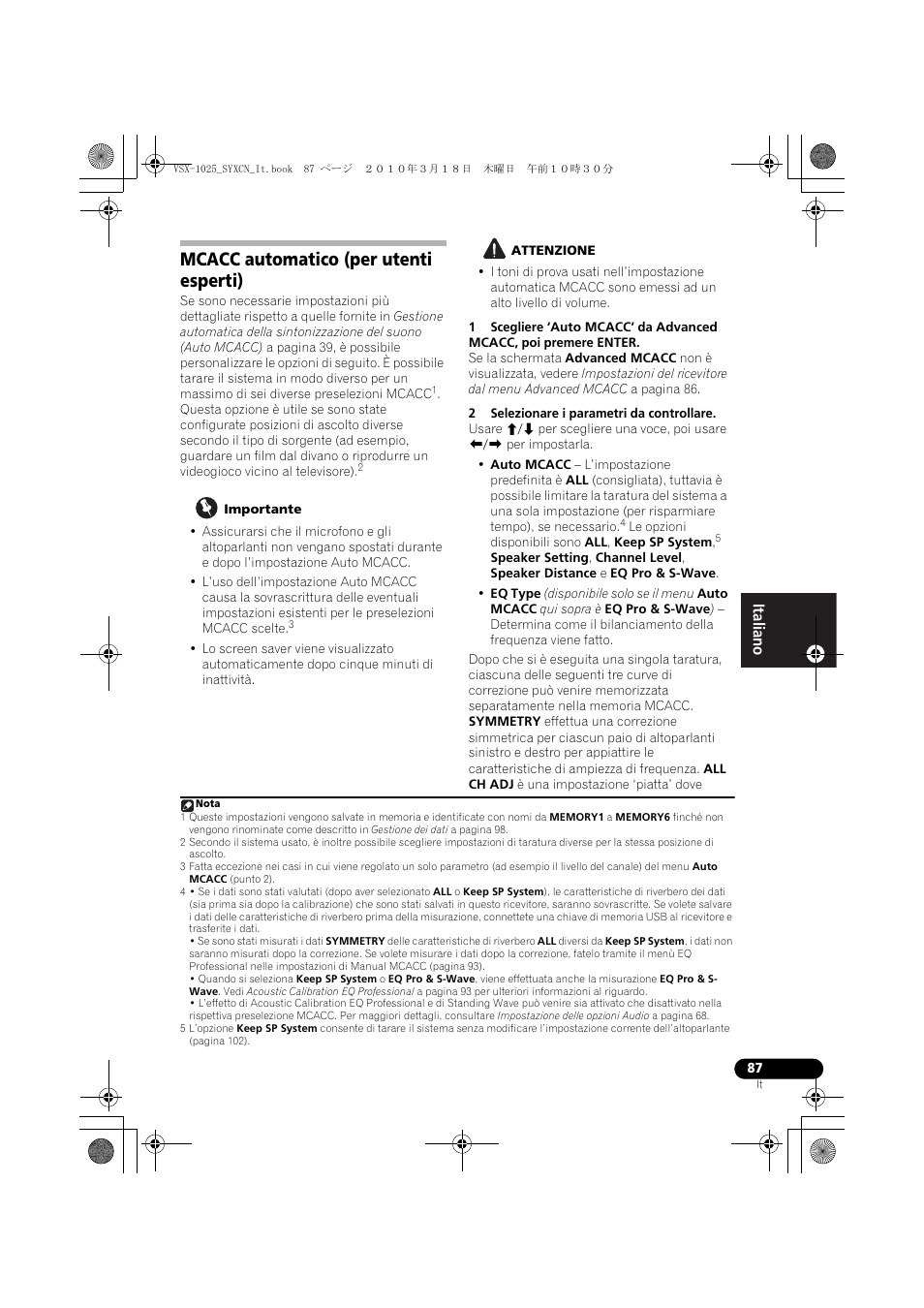 Mcacc automatico (per utenti esperti), Importante, Attenzione | 2 selezionare i parametri da controllare | Pioneer VSX-1020-K User Manual | Page 87 / 532