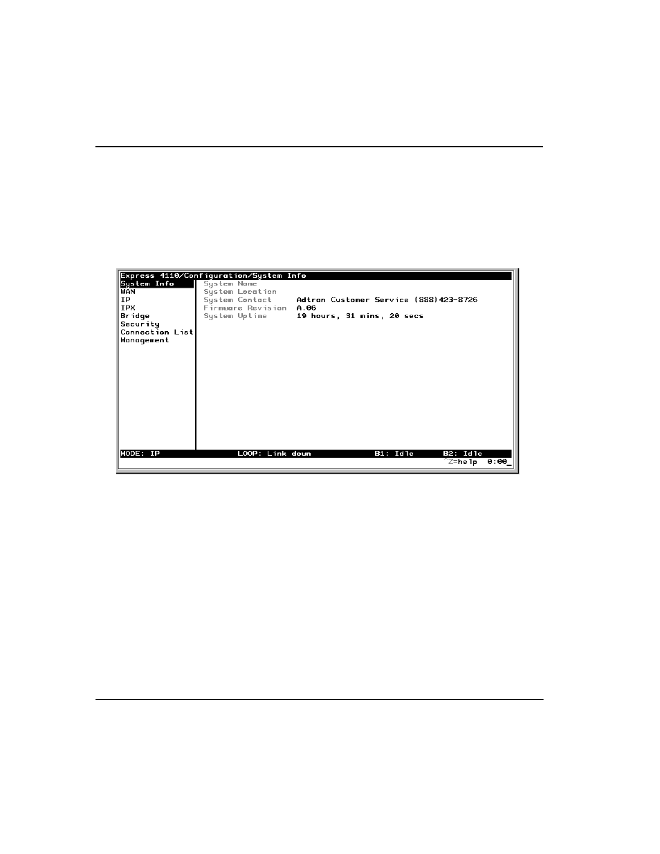Configuration menu, Configuration/system info, System name | Configuration menu -8, Configuration/system info -8, System name -8, Figure 3-2. configuration/system info screen -8, Configuration menu configuration/system info | ADTRAN Express 4120 User Manual | Page 64 / 205